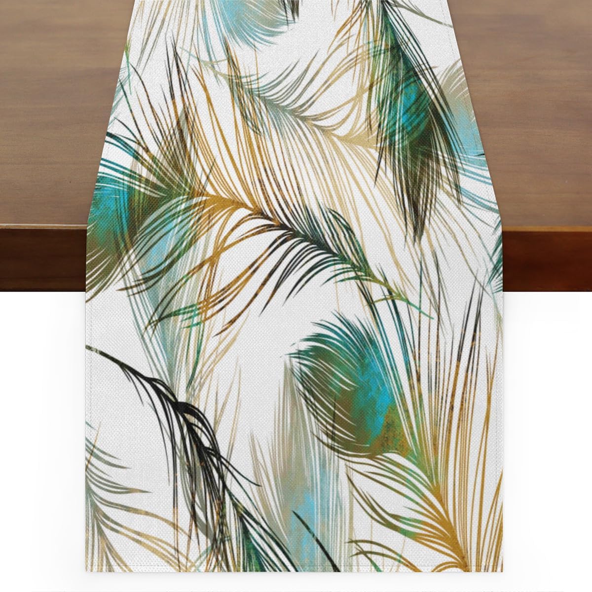Camino de mesa con plumas de pavo real, mantel de lino rústico otoñal, decoración de mesa de cocina y comedor para fiesta en el hogar, 13 x 72