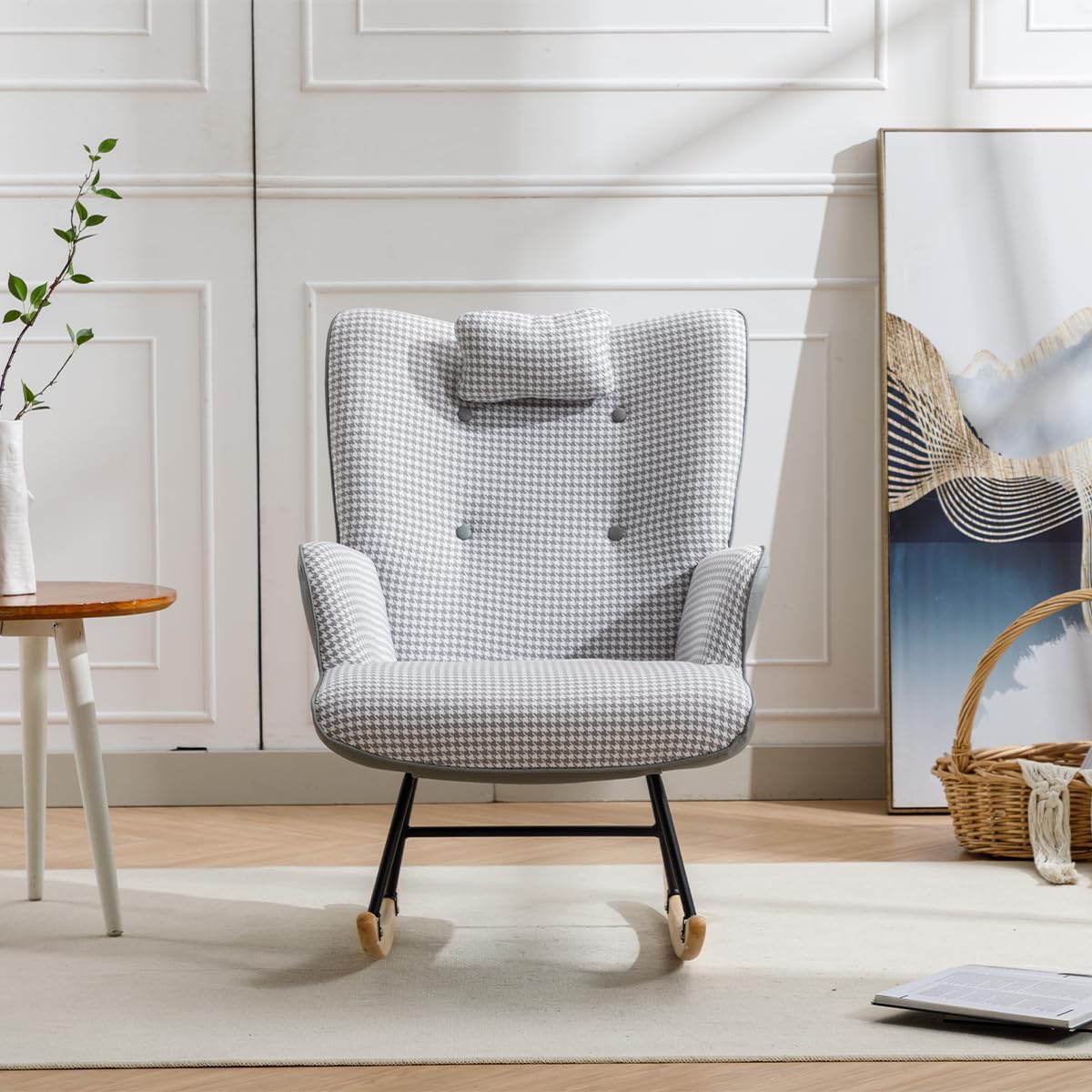 Mecedora para guardería, cómoda mecedora con respaldo de ala con pata de gallo suave y tela de cuero, silla reclinable para sala de estar,