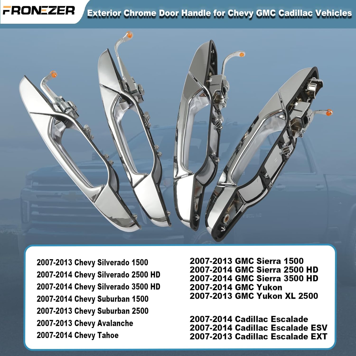Manija de puerta exterior, 4 piezas cromadas para conductor delantero y trasero compatibles con Chevy Silverado Suburban Avalanche Tahoe 2007-2014,