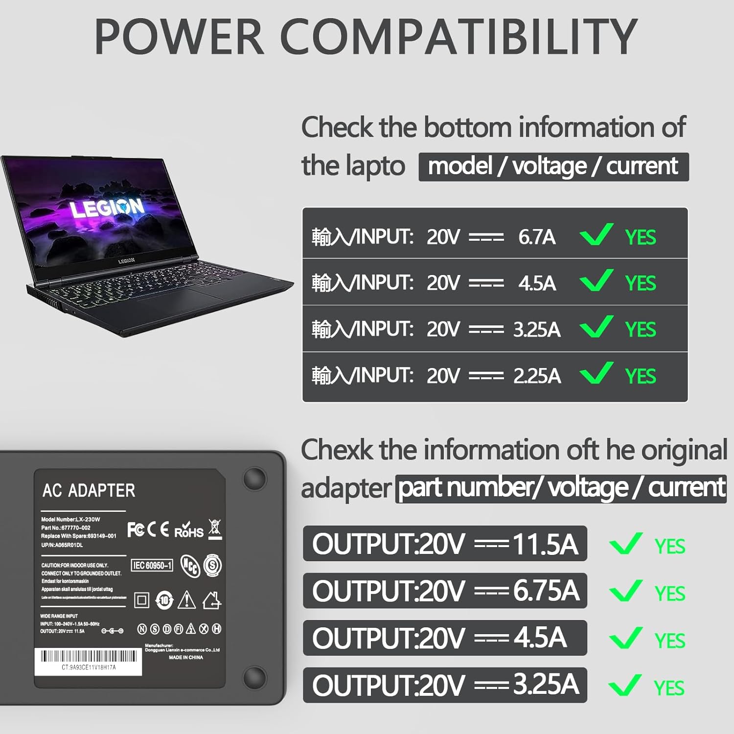 Cargador adaptador de CA de 230 W para Lenovo Legion 5, Lenovo Legion 7 5P C7 S7 Y540 Y545 Y740 Y730 Y900 Y910 Y920 Y7000 Thinkpad P1 P73 P53 P72