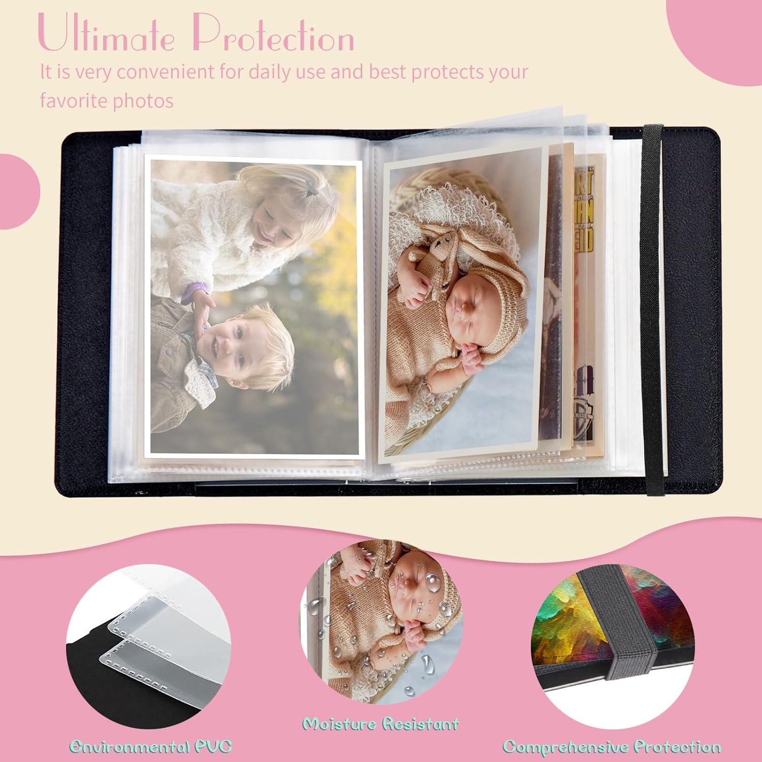 Álbum de fotos de 5 x 7 pulgadas, capacidad para 60 fotos, cubierta de piel sintética, álbum de fotos con banda elástica fuerte, álbum de fotos
