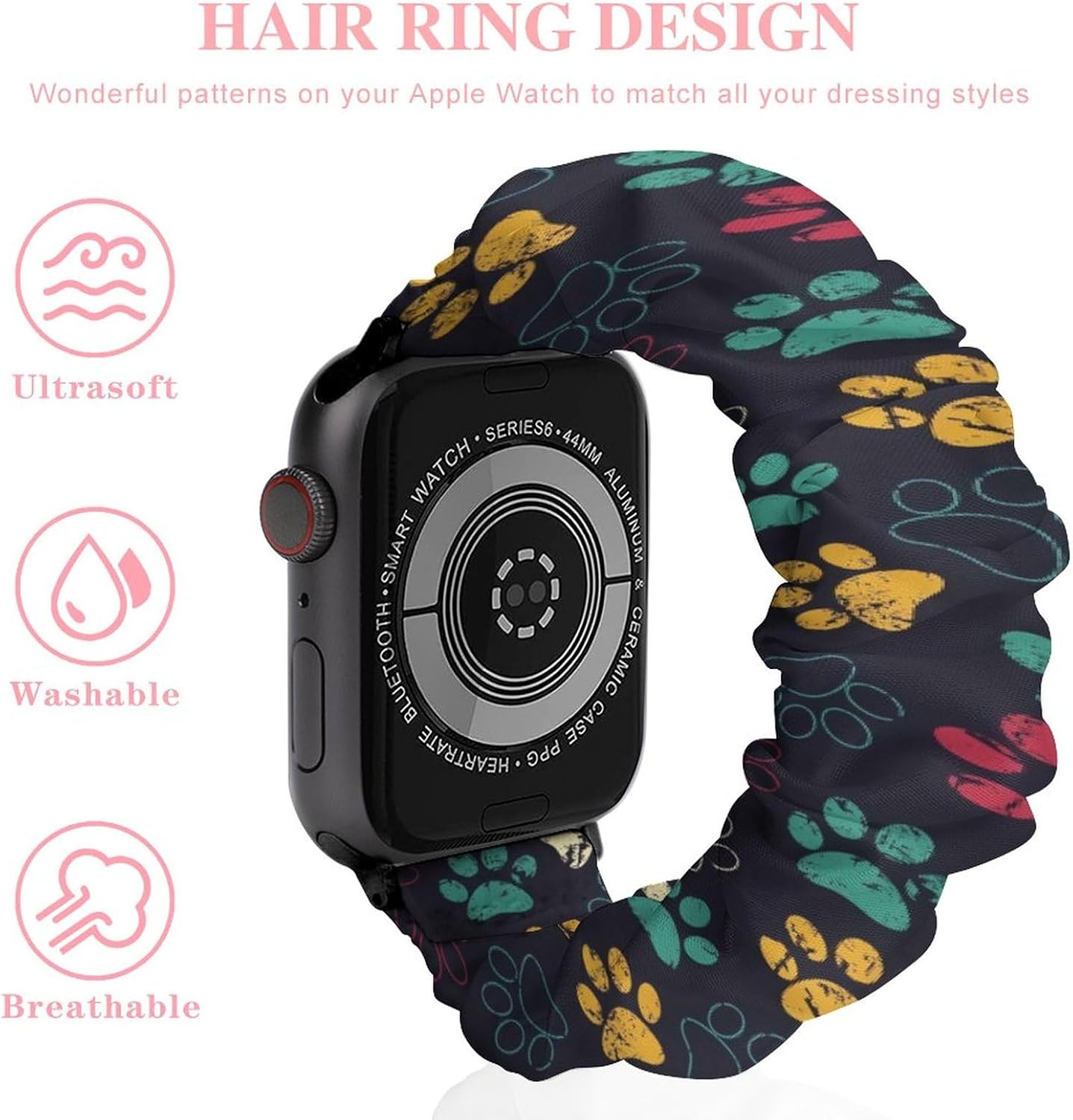 Compatible con Apple Watch Band Scrunchie de 1.496 pulgadas, 1.575 pulgadas, 1.654 pulgadas, 1.732 pulgadas, lindo estampado de huellas de huellas