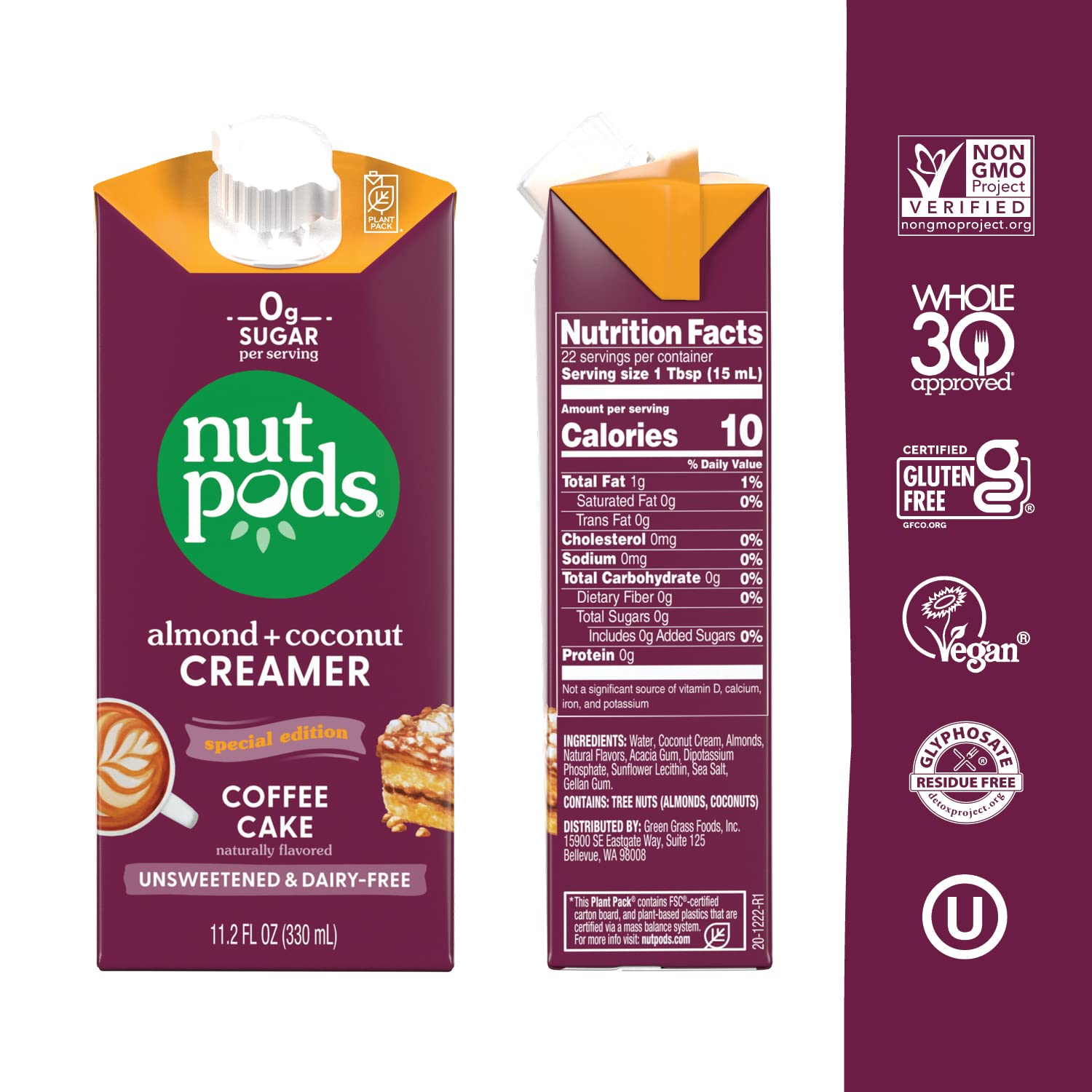nutpods Crema para pastel de café sin azúcar, sin lácteos, hecha de almendras y cocos, Whole30, Keto, sin gluten, sin OMG, vegano, Kosher (paquete