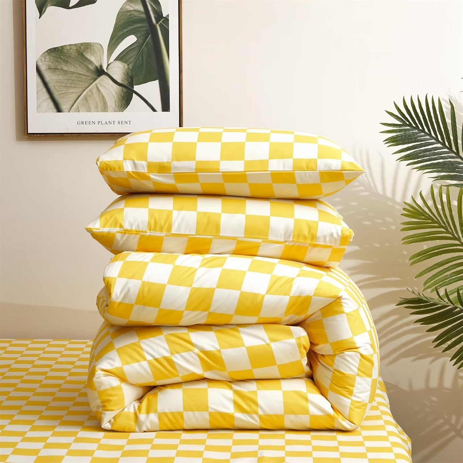 Cottonight Juego de edredón amarillo tamaño Queen, juego de ropa de cama a cuadros con patrón de cuadros amarillo brillante y blanco, edredón suave
