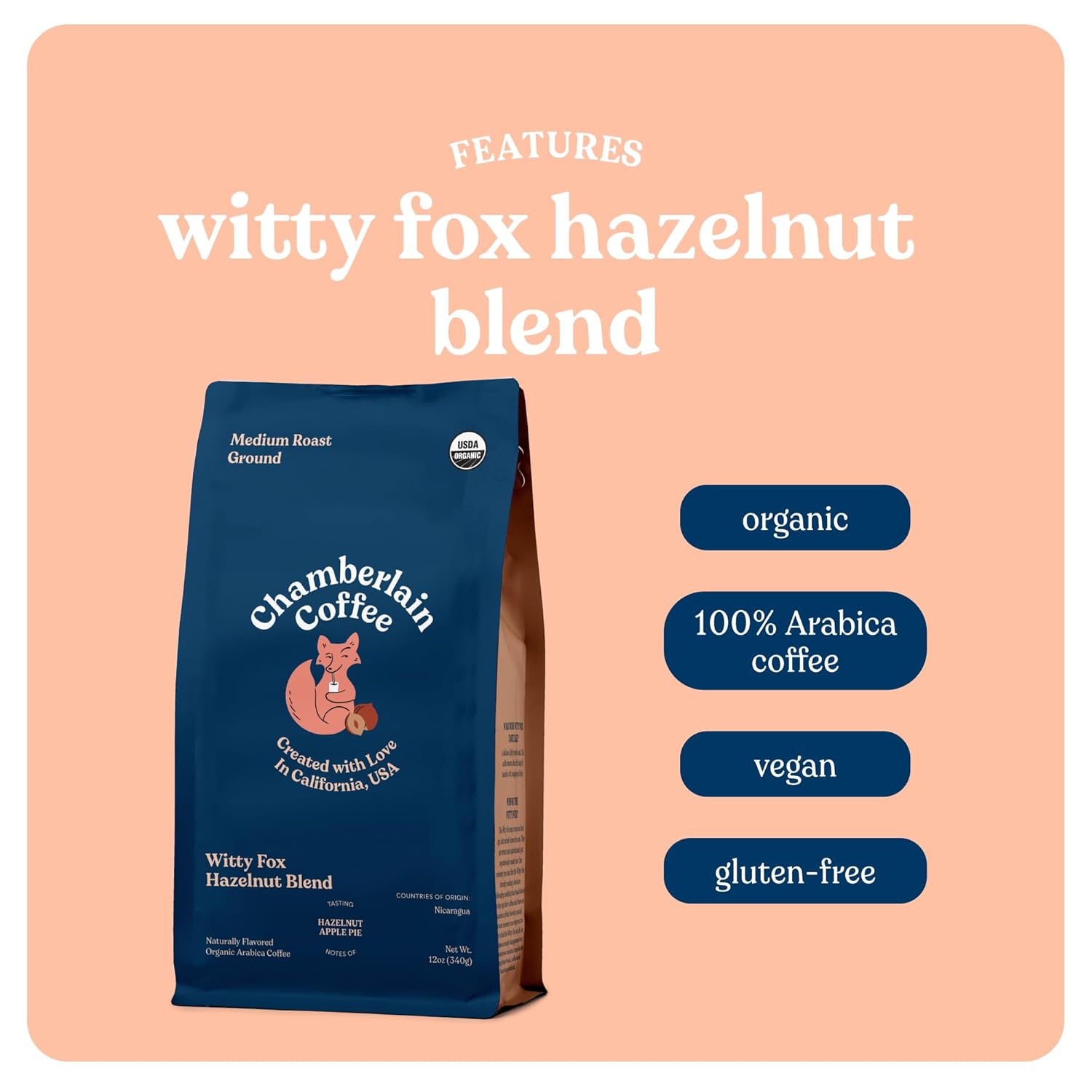 Chamberlain Coffee Witty Fox Mezcla de avellana, grano entero, café orgánico, 12 onzas