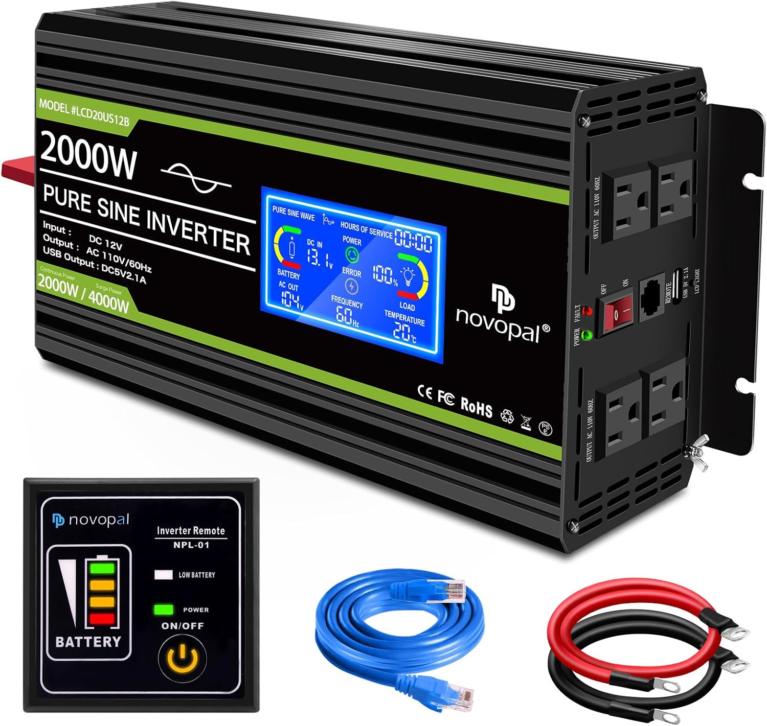 Novopal Inversor de corriente de onda sinusoidal pura de 2000 vatios, convertidor de CC de 12 V a 110 V120 V, 4 salidas de CA, inversores Rv con