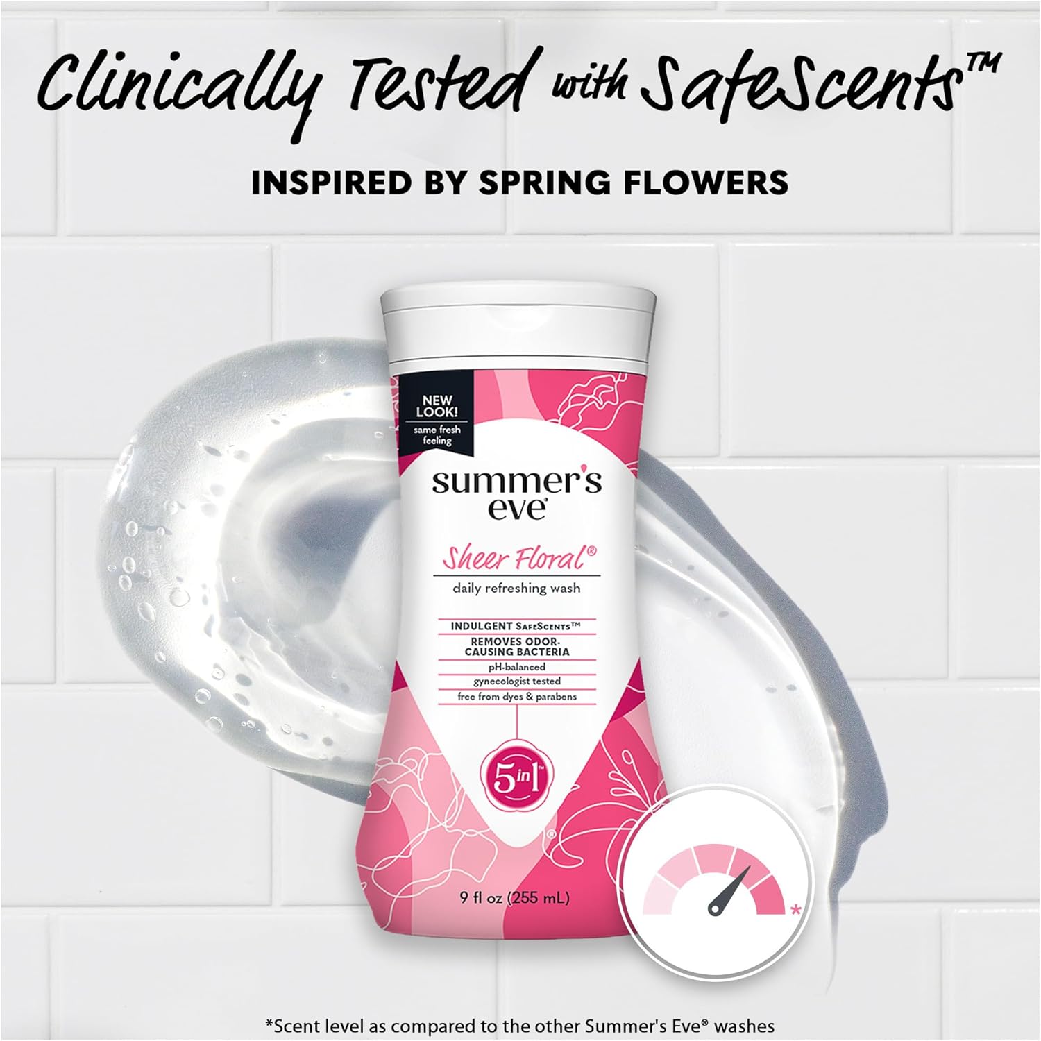 Summer’s Eve Sheer Floral Refrescante Daily All Over Feminine Body Wash, elimina el olor, lavado femenino pH equilibrado, 9 onzas líquidas, paquete