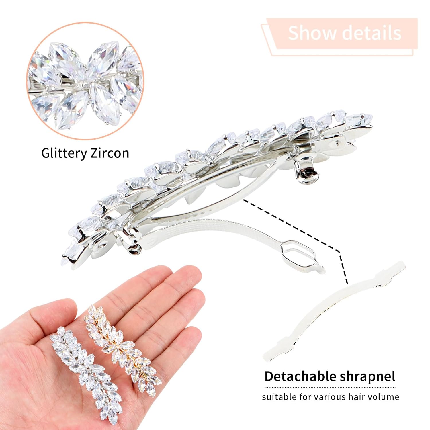 WHAVEL 2 pasadores para el cabello para mujer, pinzas para el cabello con diamantes de imitación, pasador francés de hoja de cristal, pinzas para el