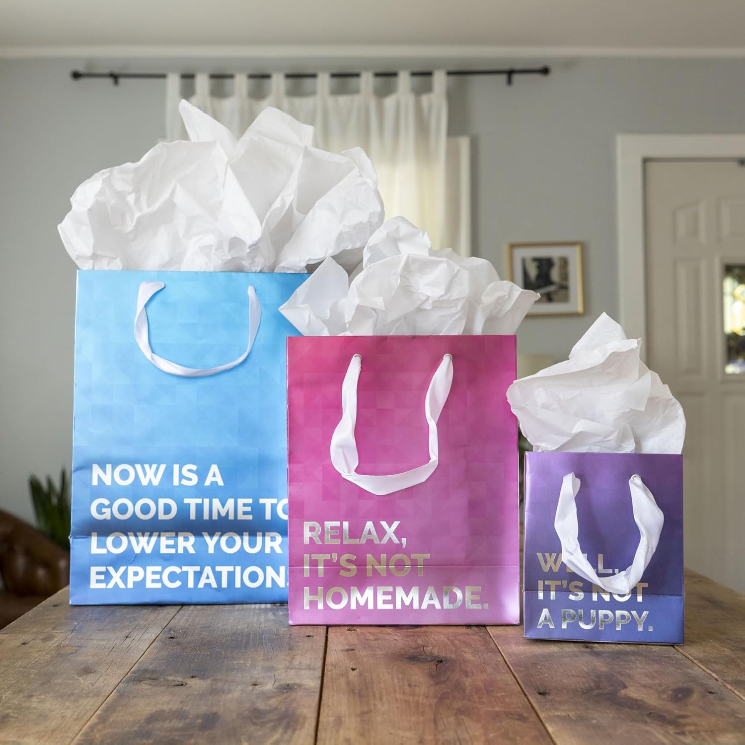 Prank-O – Bolsas de regalo novedosas, paquete de 3, Bueno, no es un cachorro, relájate, no es casero, ahora es un buen momento para reducir tus