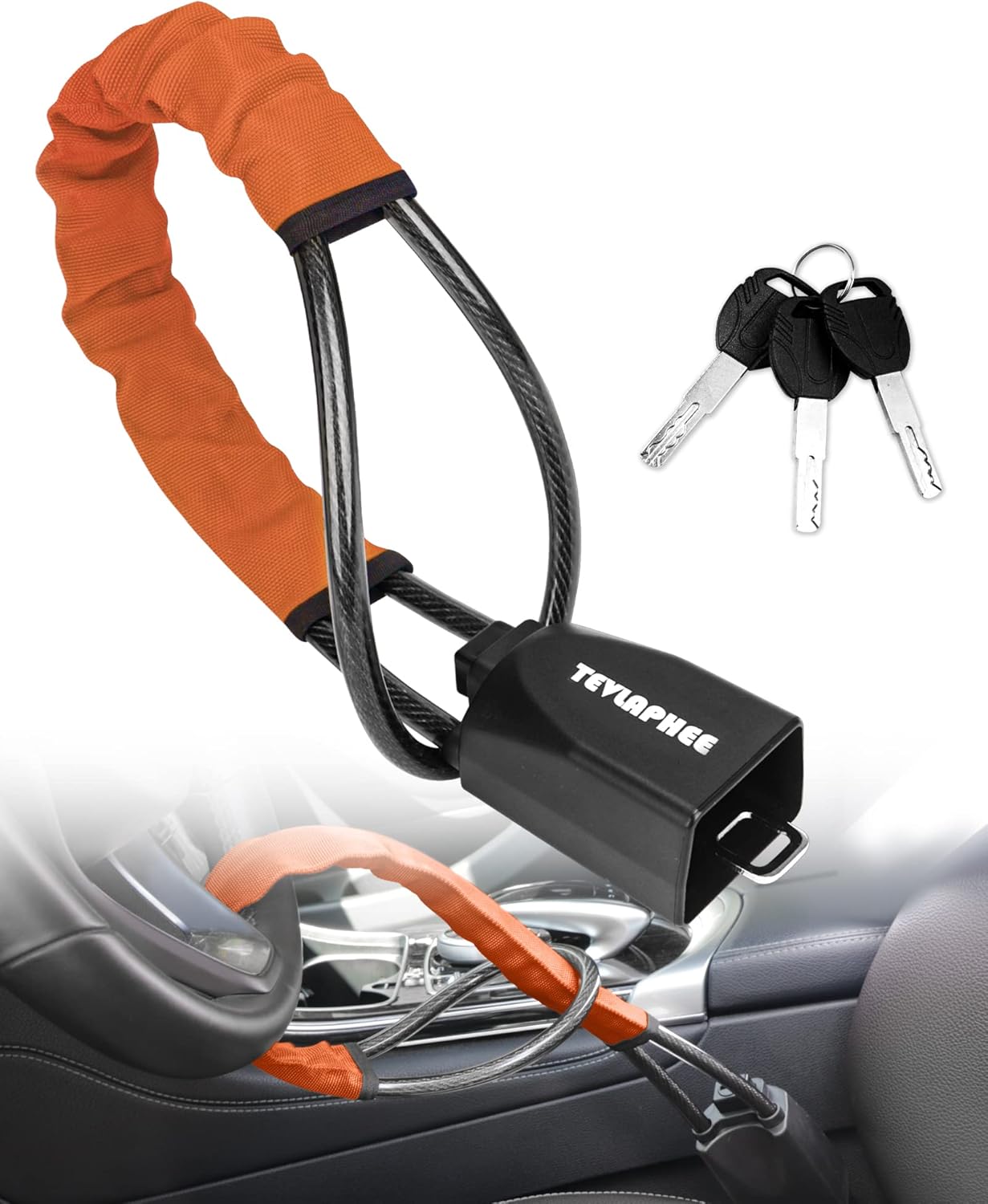 Tevlaphee Cerradura antirrobo del volante con 3 llaves, naranja, tipo de cerradura de llave