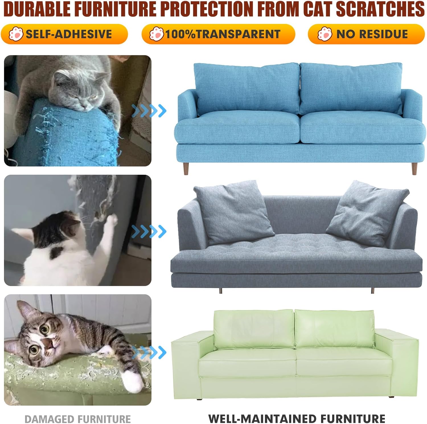 JuneHeart – Protector de muebles contra arañazos para gatos, paquete de 14 protectores de sofá para gatos de tamaños grandes con 60 pines,
