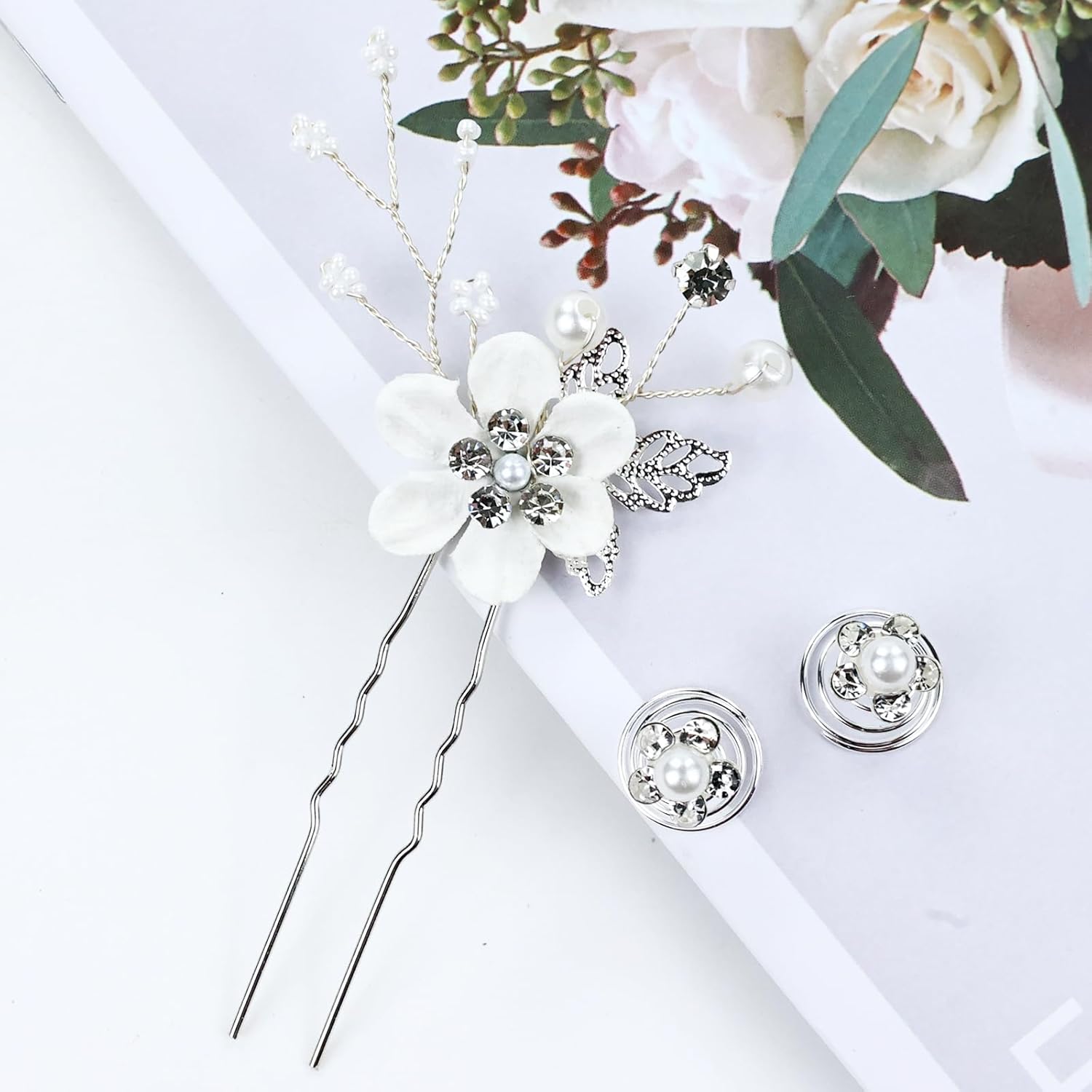 Cinaci 18 piezas de peines laterales de flores blancas con diamantes de imitación y perlas para novias, damas de honor, mujeres y niñas