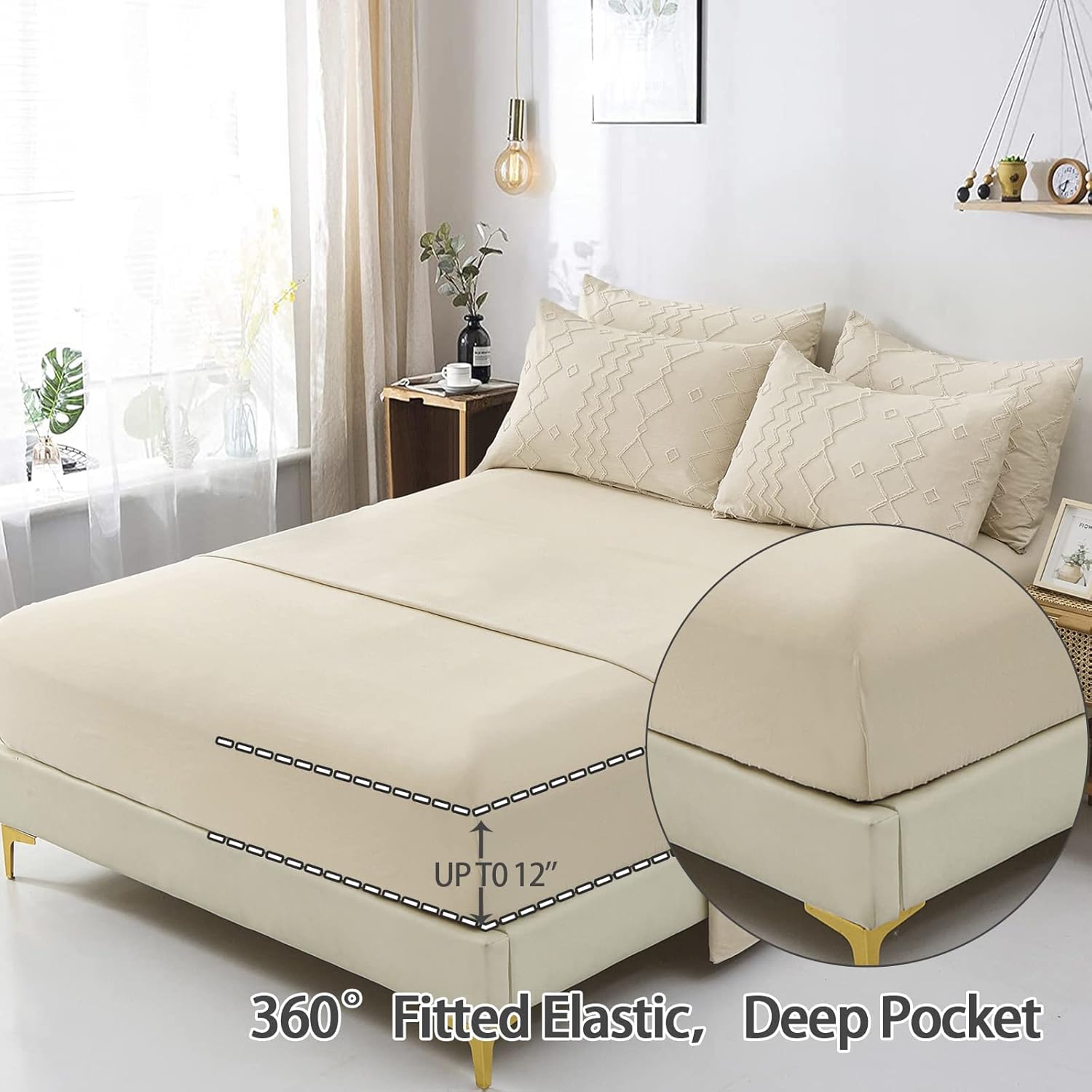 Juego de edredón bohemio tamaño King, cama copetuda beige en una bolsa de 7 piezas con edredones y sábanas, juego de ropa de cama de microfibra