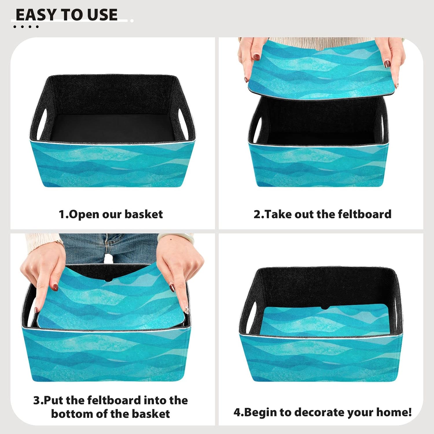 Kcldeci Canastas de almacenamiento de ondas de acuarela de color azul, verde azulado, turquesa, para organizar, cesta de almacenamiento resistente,