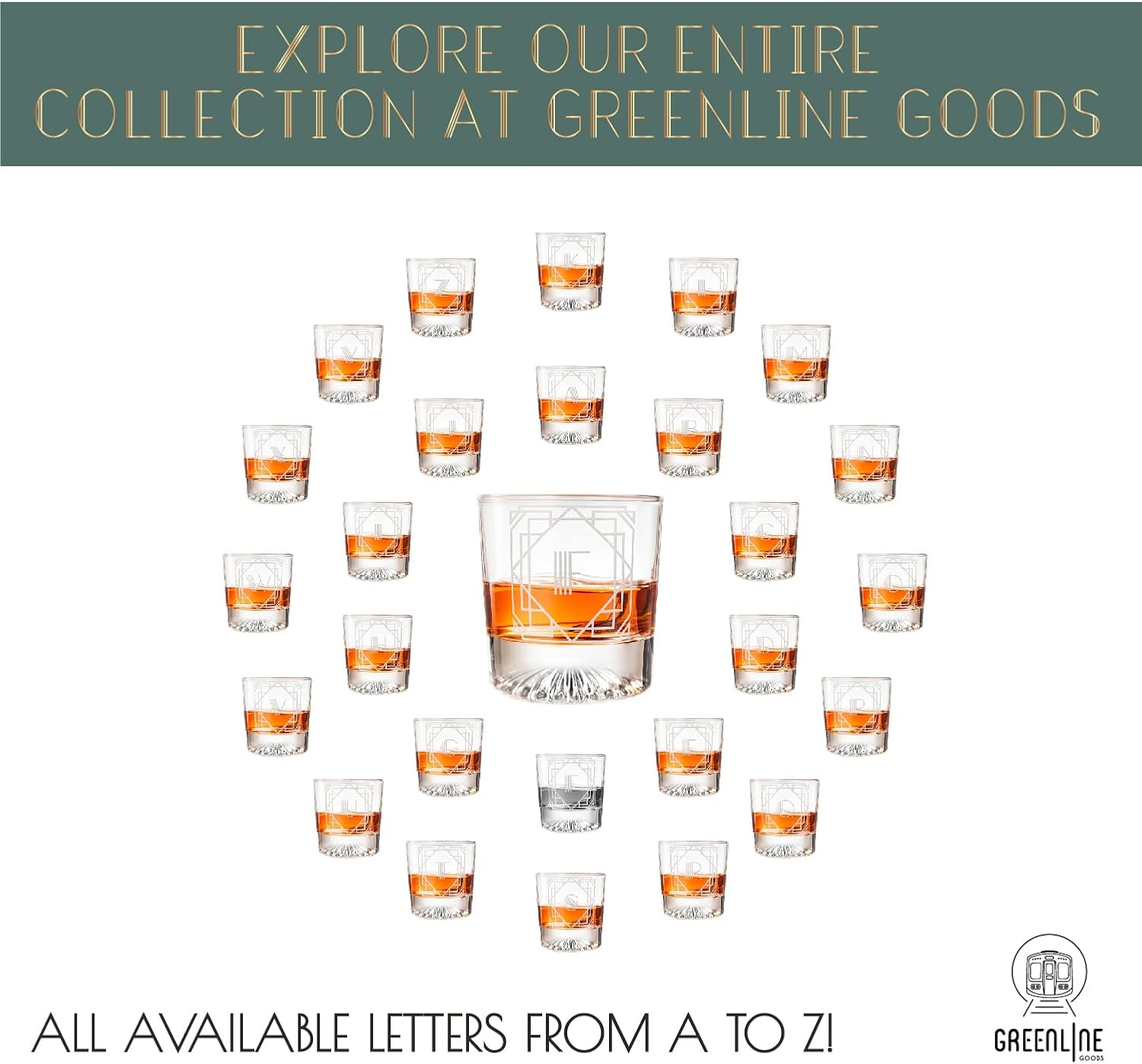 Greenline Goods – Monograma Art Deco Letra F Vaso de whisky perfecto para bourbon, whisky, whisky, cóctel – Juego de 4 vasos de whisky de cristal –