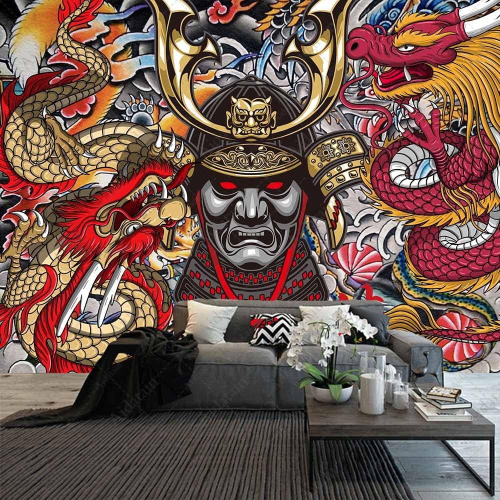 Aidatain Tapiz samurái japonés de anime Oni para colgar en la pared, diseño estético de dragón japonés de franela grande de 80 pulgadas y 60