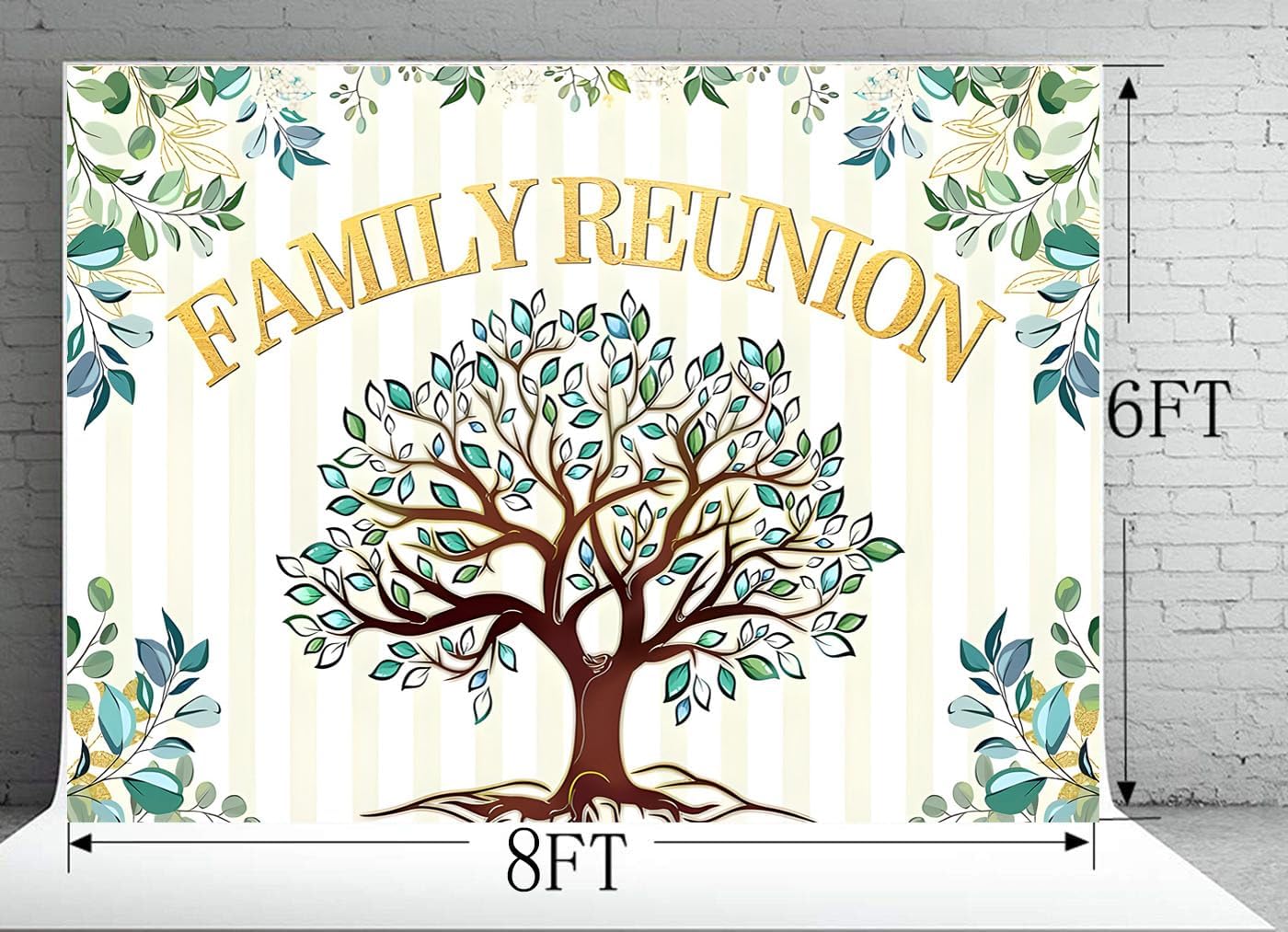 AIIKES Telón de fondo de reunión familiar de 8 x 6 pies, bienvenida, miembros del árbol genealógico, fotografía de fondo, reunión dorada y verde,