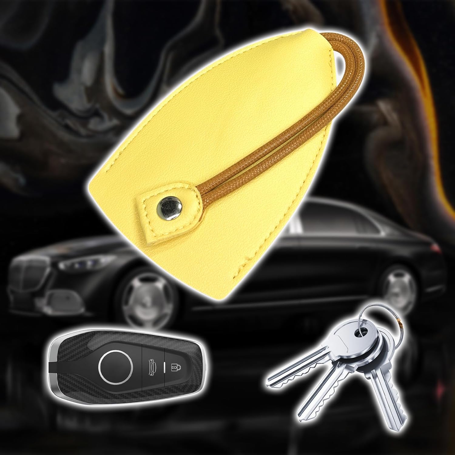 pvotawp 2 fundas creativas extraíbles para llaves, de cuero de gran capacidad, lindo protector para llavero con gancho de soporte (amarillo)