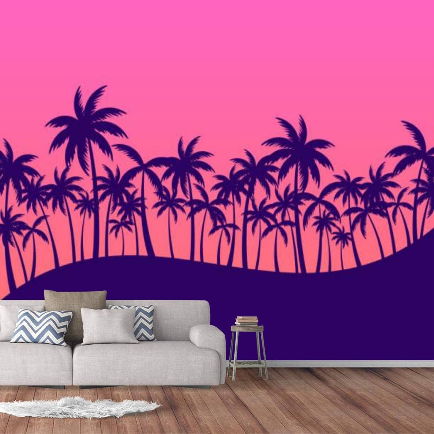 Murales de pared modernos 3D de paisaje nocturno de palmeras, siluetas de palmeras al atardecer, papel tapiz tropical para despegar y pegar,