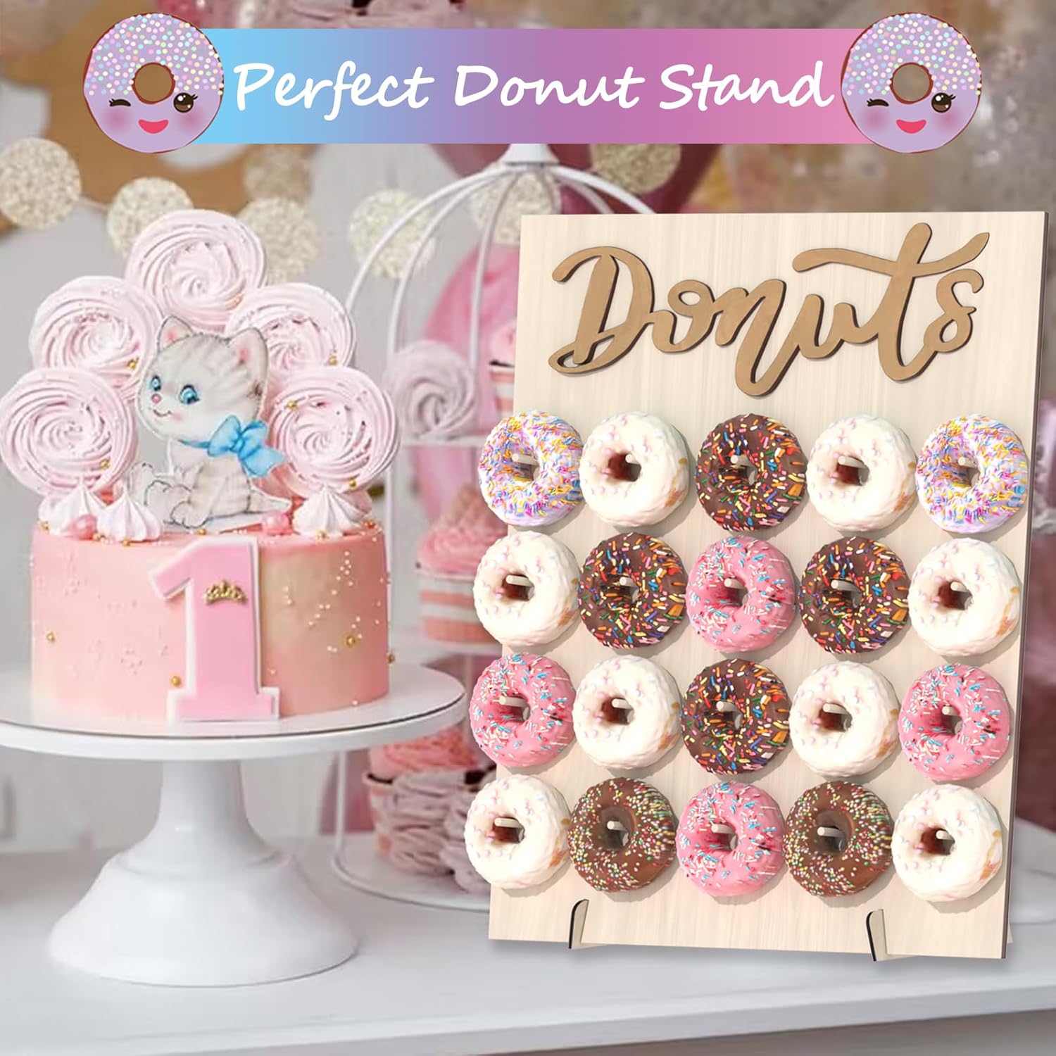 Soporte de pared para donas, 2 piezas de soporte de madera para donas, 40 donas, tablero de donas para donas, fiesta de crecimiento, cumpleaños,