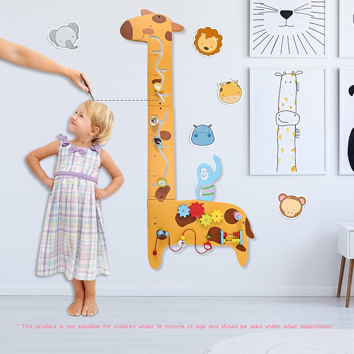 Activity Wall Panel Busy Board 7 in 1 Multifunctional Giraffe Wooden Height Ruler, Childrens Early Education Hand-Eye Eombination Sensory Exercises