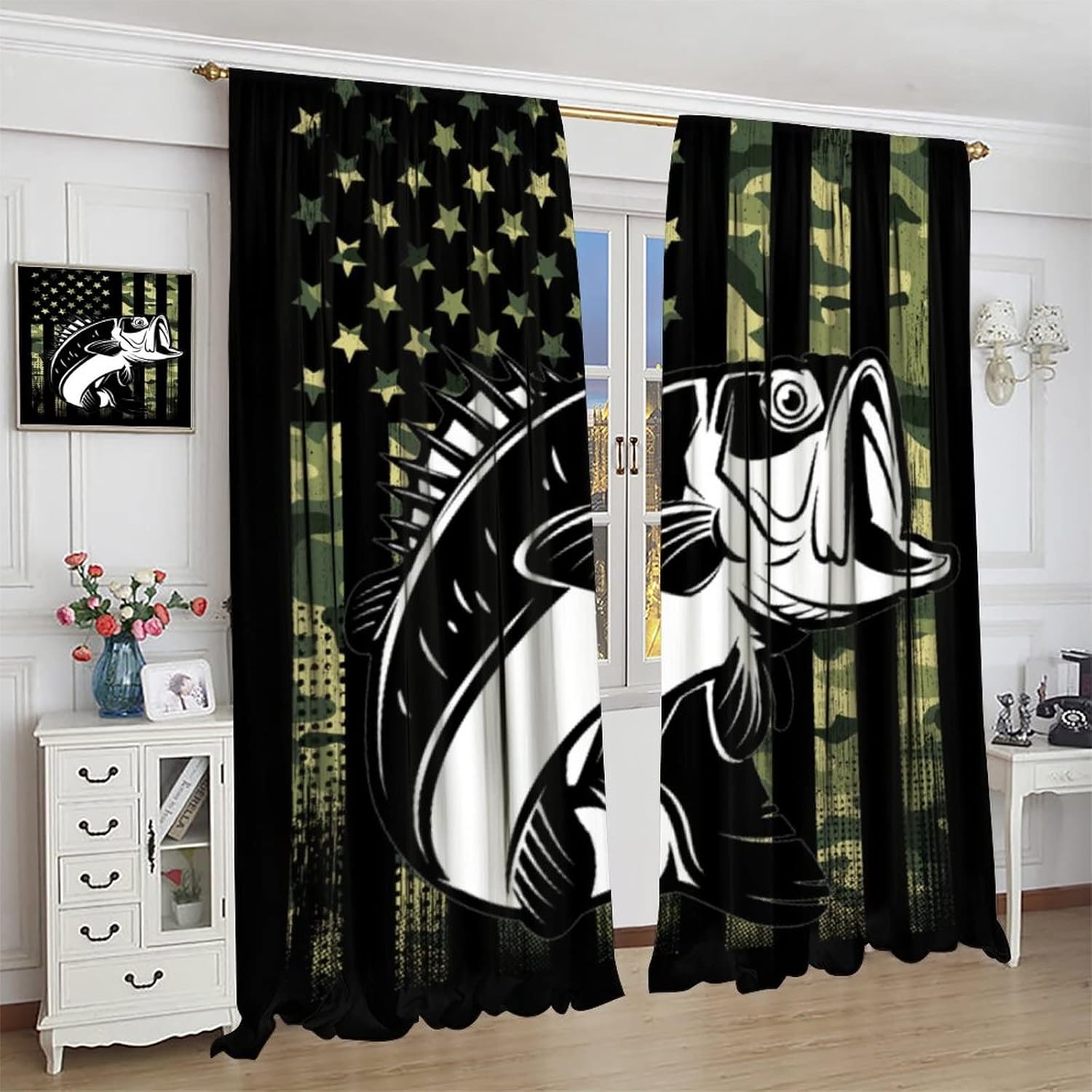 Cortinas de pesca con estampado de bandera de camuflaje verde, estampado de peces y lubina, cortina opaca para dormitorio, sala de estar, 2 grupos