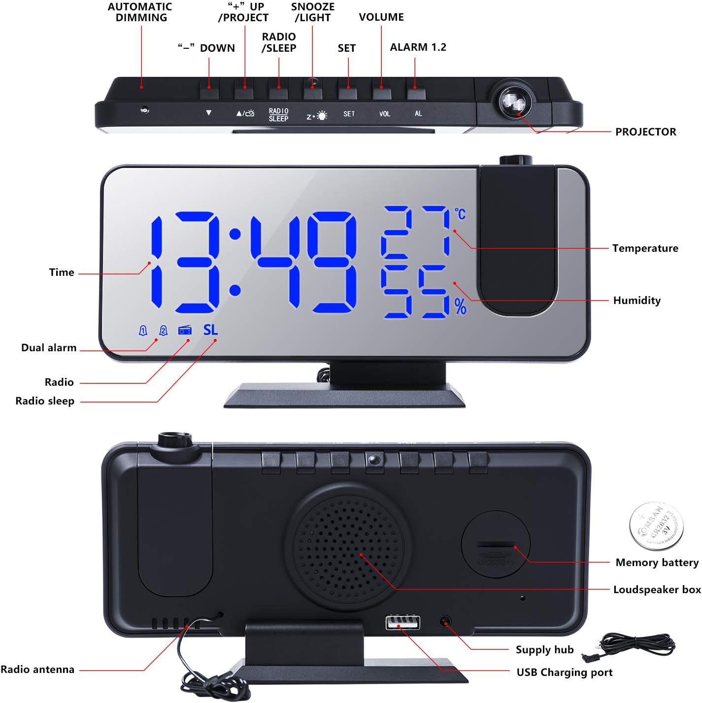 Reloj despertador digital de proyección para dormitorios, radio reloj despertador en techo, puerto de carga USB, pantalla de temperatura y humedad,