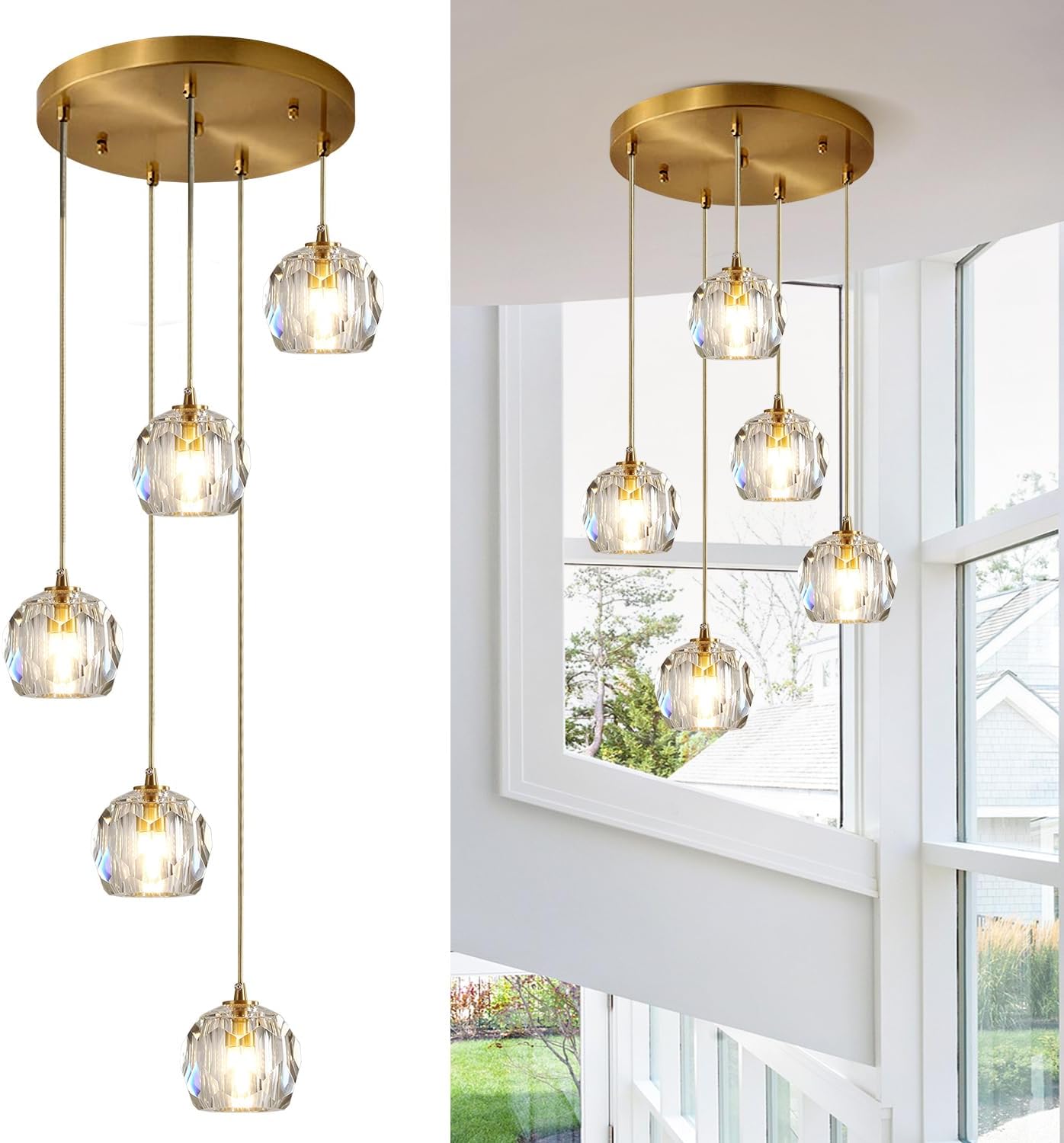 Iluminación colgante de racimo de 5 luces de mediados de siglo, moderna lámpara colgante de isla de cocina de cristal dorado, lámpara colgante LED