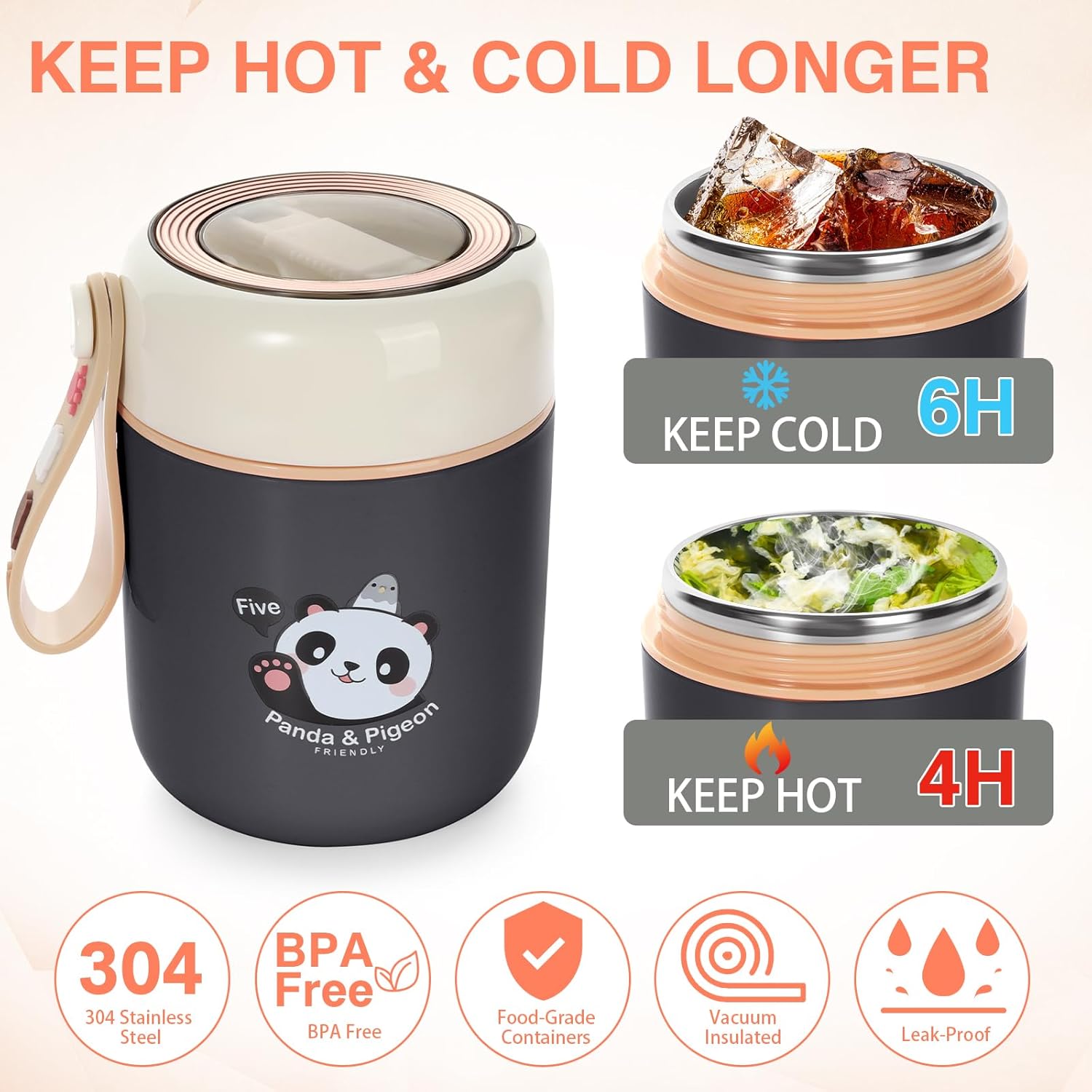 Termo de 15.4 onzas para comida caliente, tarro de alimentos aislado con cuchara plegable, lonchera de acero inoxidable para niños y adultos,