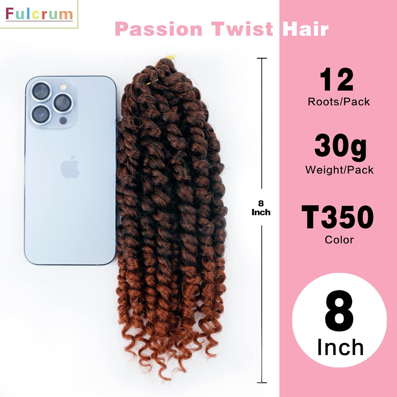 Fulcrum Cabello Passion Twist de 8 pulgadas, 8 paquetes de cabello de ganchillo Passion Twist para mujeres negras, cabello pretrenzado de ganchillo