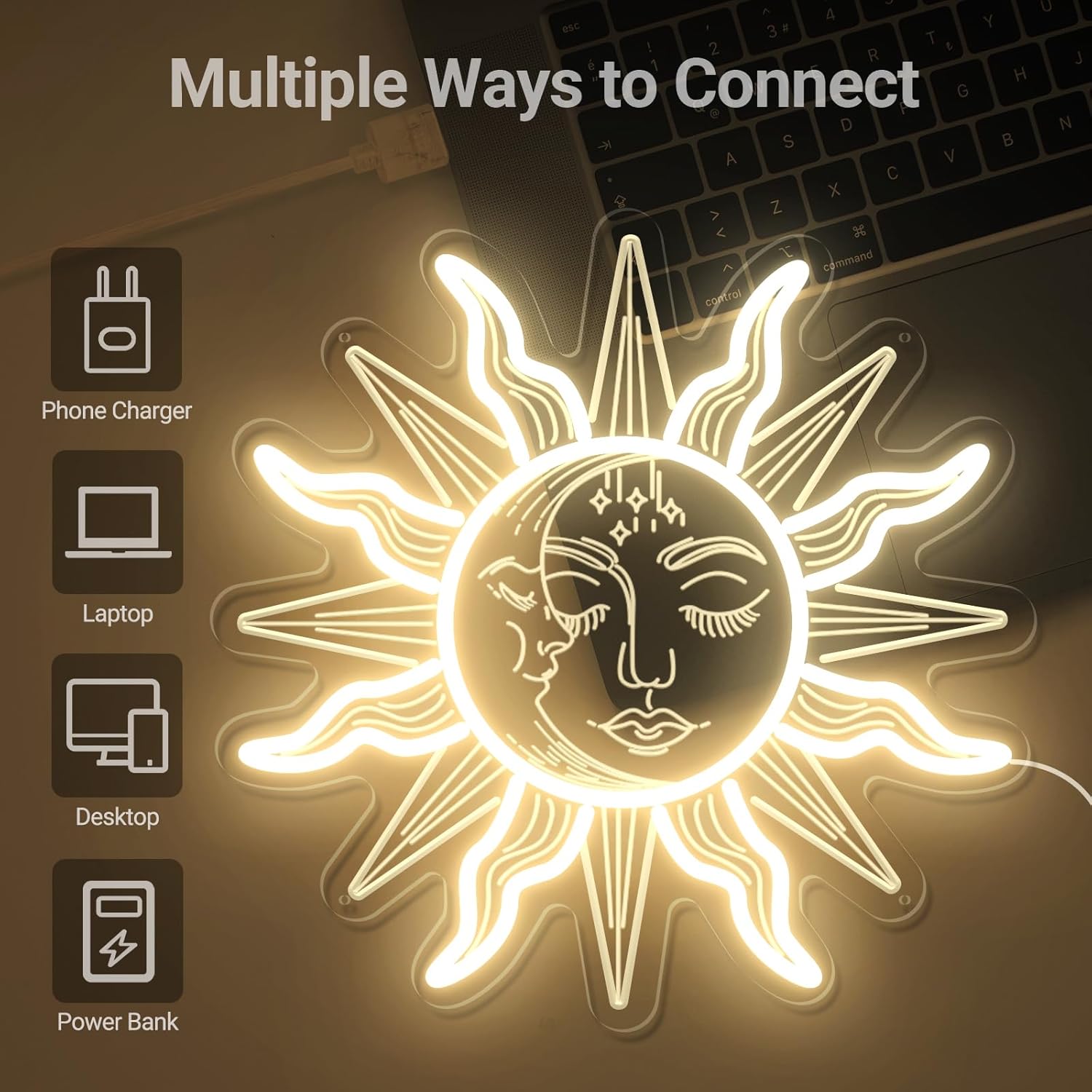 Letrero de neón vintage ardiente de sol y luna  Decoración de habitación bohemia 3D con luz LED celestial mística de sol y luna con ojos cerrados,