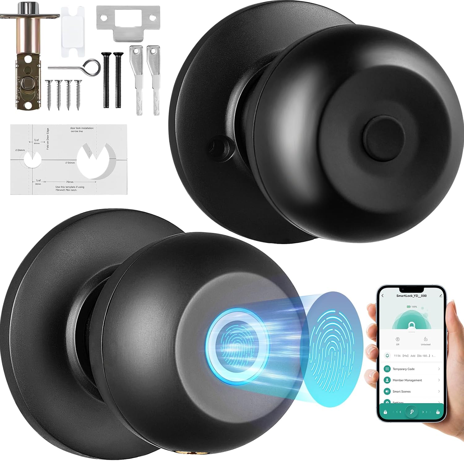 VEVOR Pomo de puerta inteligente, cerradura inteligente de huellas dactilares con control de aplicación, cerradura biométrica de puerta Bluetooth,