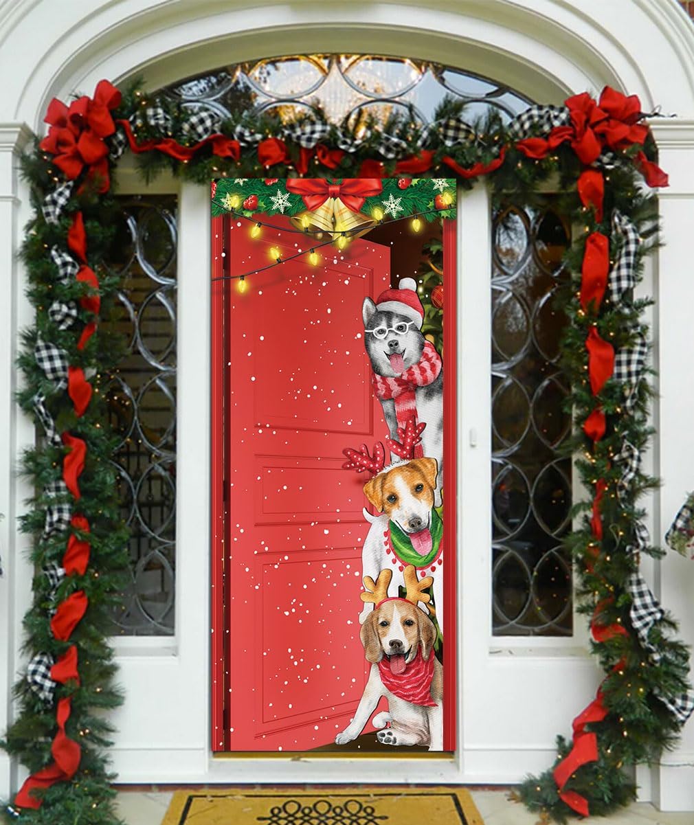 Divertida cubierta de puerta de perros de Navidad, pancarta grande de Feliz Navidad, decoración de carteles de Navidad para el hogar, tienda,