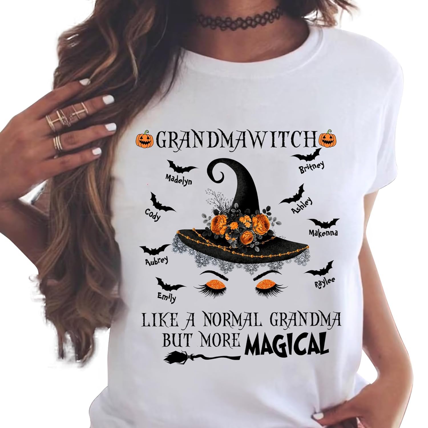 Personalized Spooky Grandma Halloween Shirt, Grandma Witch Mommy Witche Shirt, Custom Kids’ Name, Halloween Costume Gift for Nana, Mimi (Style 5)