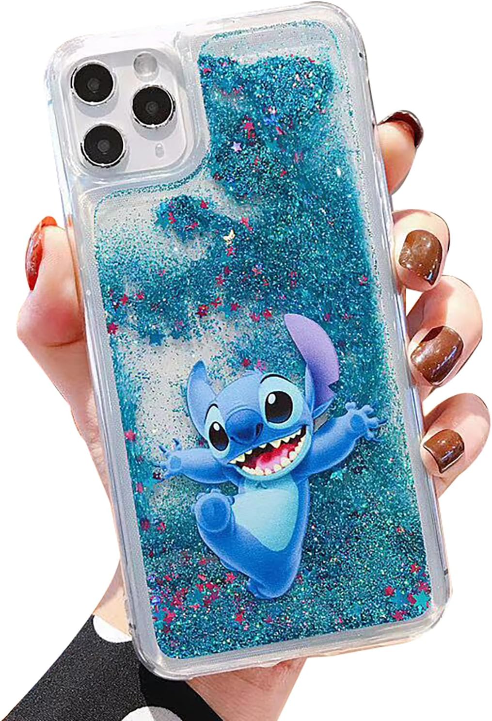 iFiLOVE Funda líquida para iPhone 15 Stitch Bling Liquid Case, para niñas y niños y mujeres, bonita funda de dibujos animados con purpurina de arena