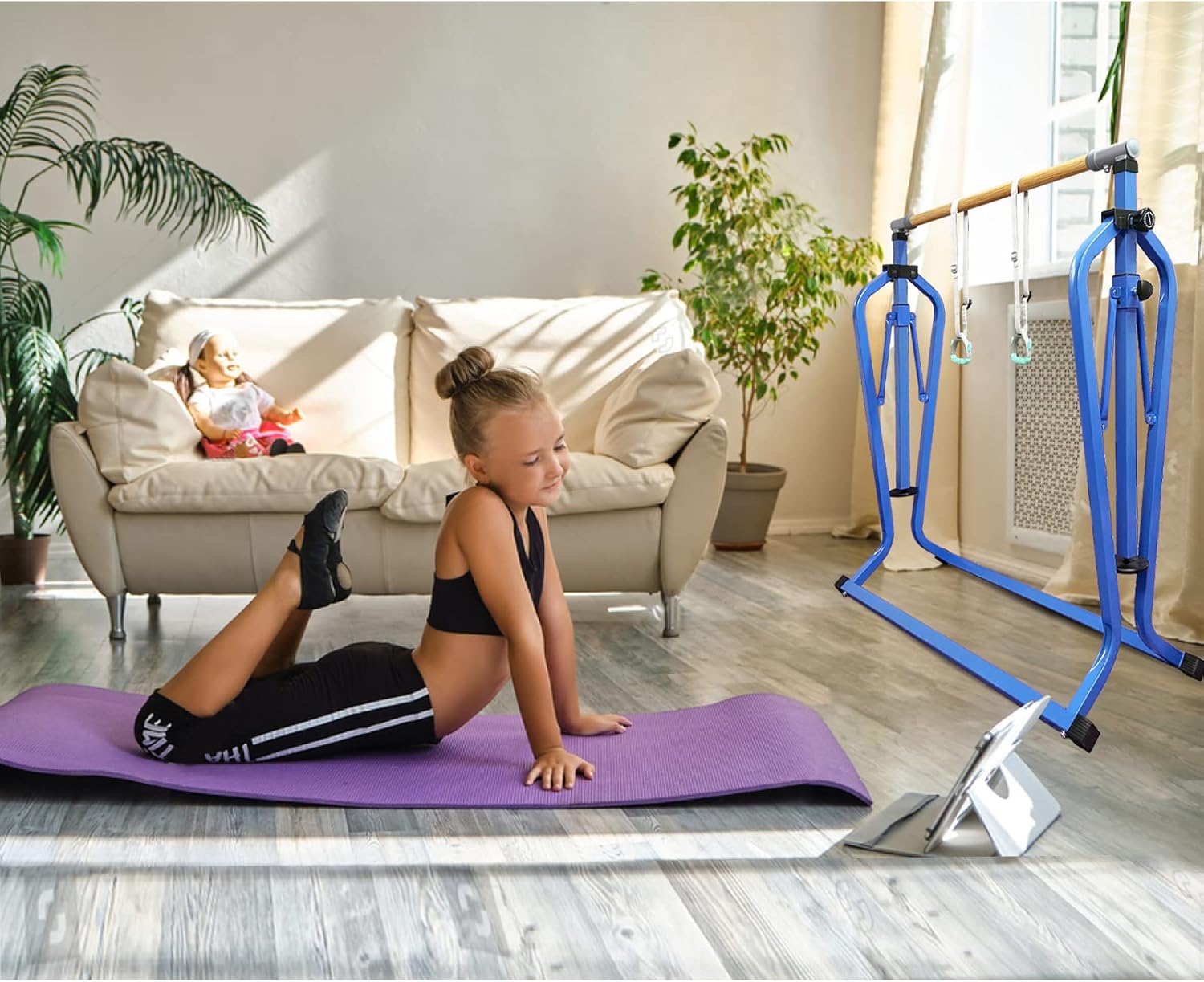 Barra de gimnasia para niños con juego de anillos, 7 alturas ajustables, fácil de plegar, barra de entrenamiento de gimnasia para niños, barras