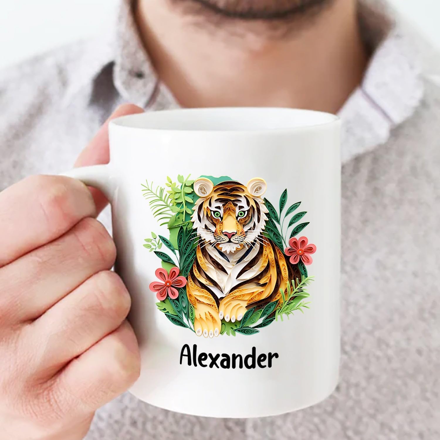 Taza de café personalizada con nombre de tigre, regalo para cumpleaños y Navidad, taza de café personalizada de tigre de animales de origami de 11