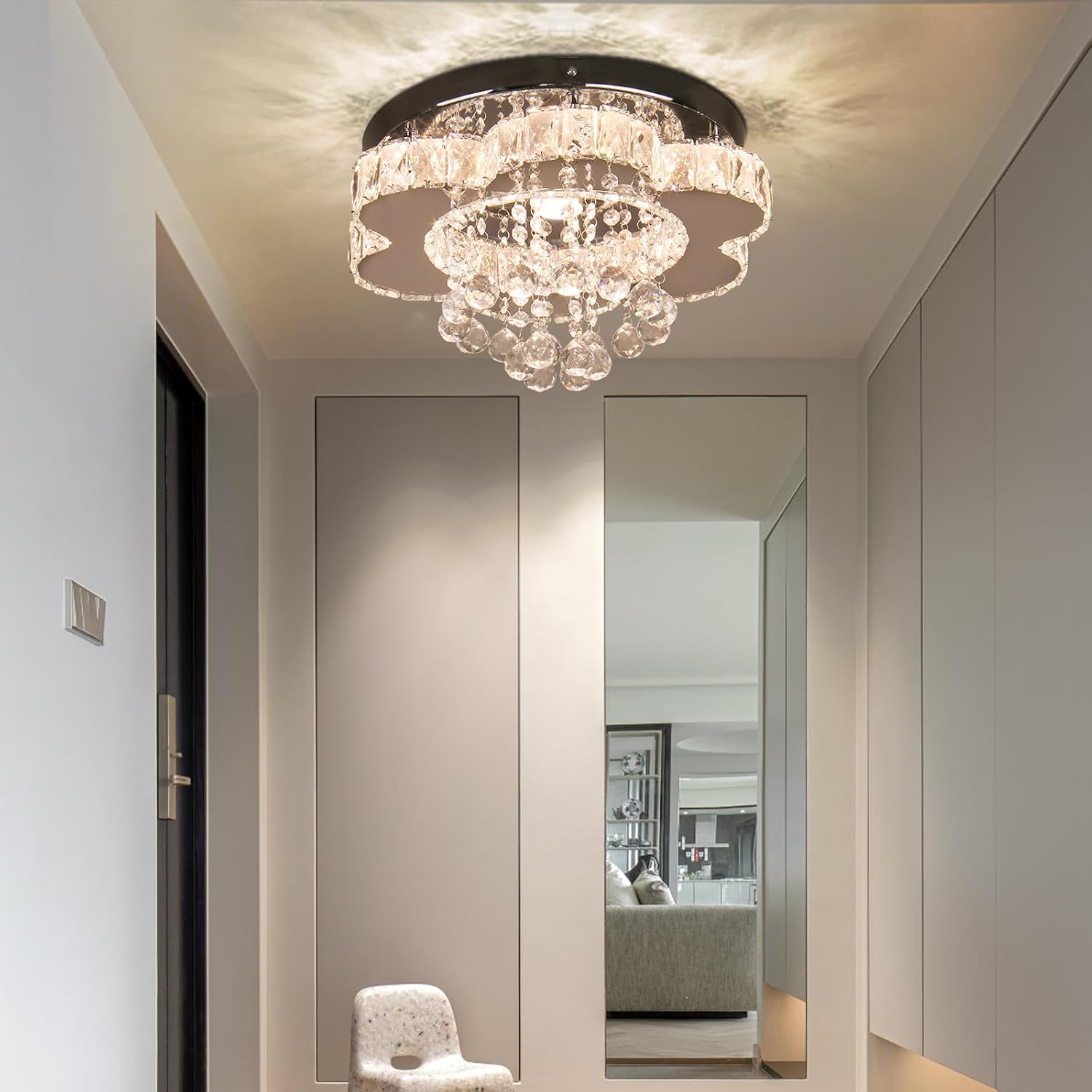 Finktonglan Candelabro LED de cristal moderno de 16 pulgadas, lámpara de techo de montaje empotrado, lámpara de comedor de flores para sala de