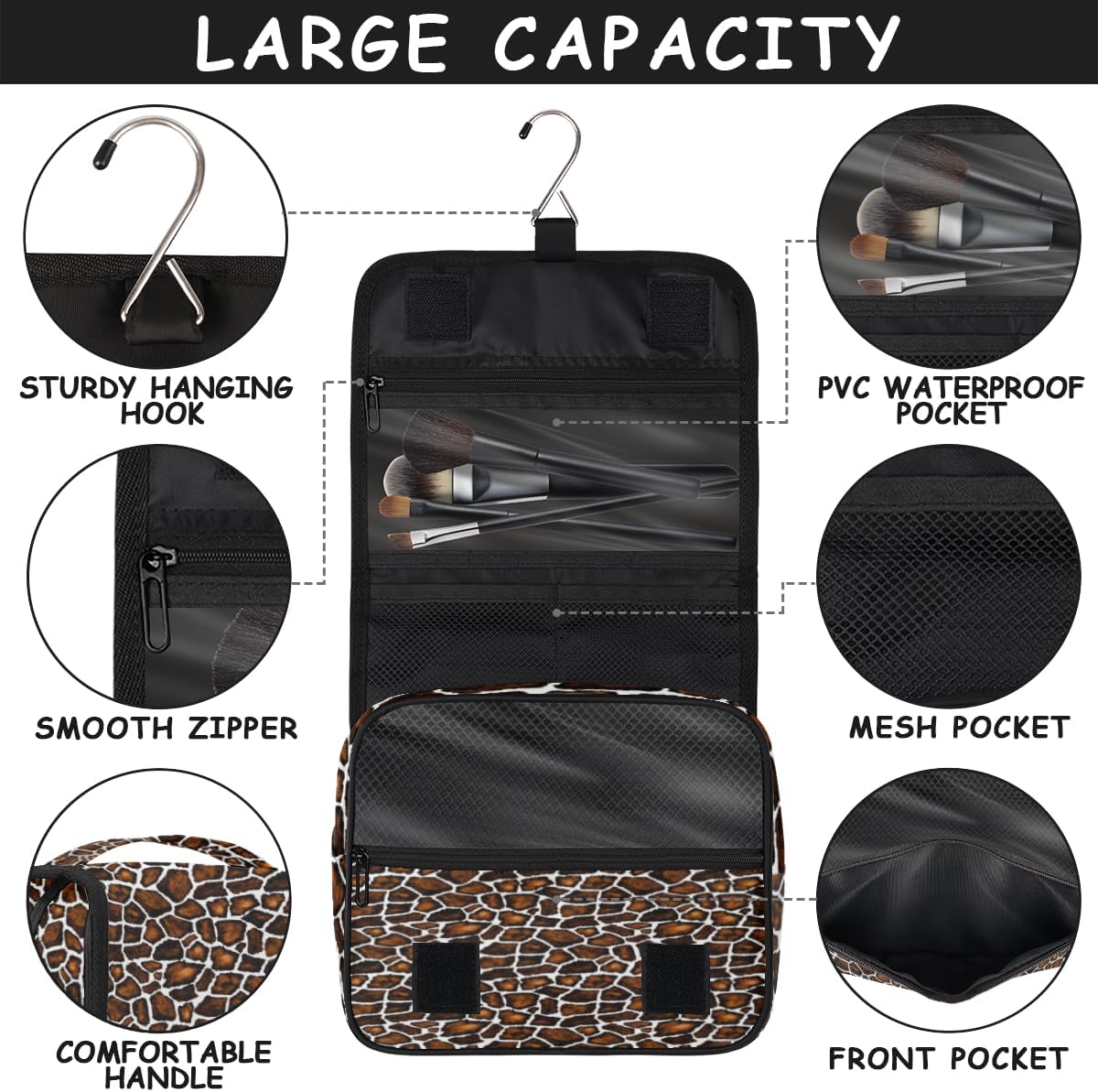 Neceser vintage de piel de jirafa para mujer, organizador de maquillaje de viaje con gancho para colgar, bolsas de cosméticos de viaje para