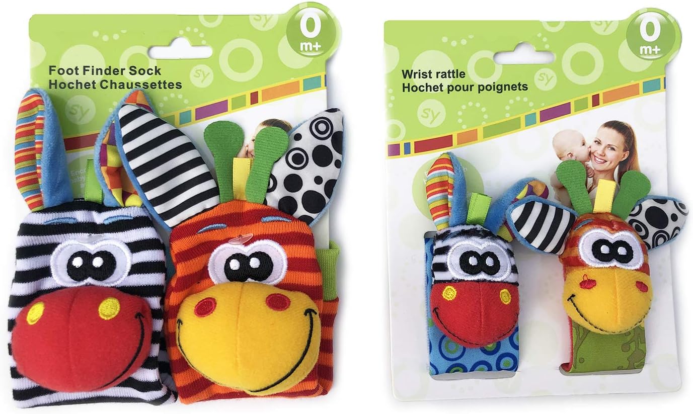 Buscadores de pies y sonajeros de muñeca para bebés, juguetes de textura de desarrollo para bebés, calcetines de juguete para bebés y sonajeros de