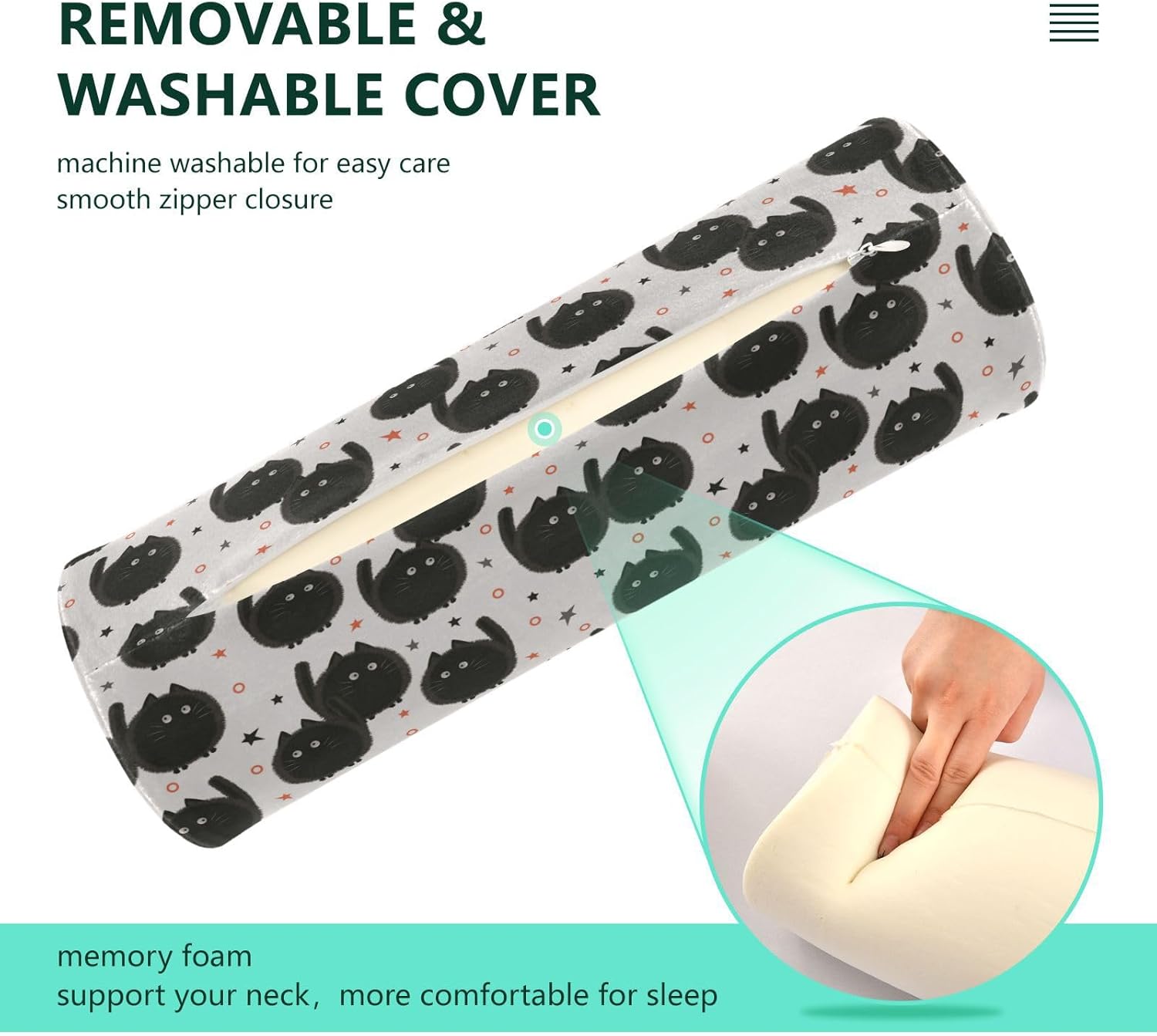 Halloween Spooky Cats Bed Bolster Pillow Down Neck Roll Pillow Lumbar Round Pillow Cylinder Foam Pillow Bed Back Support
