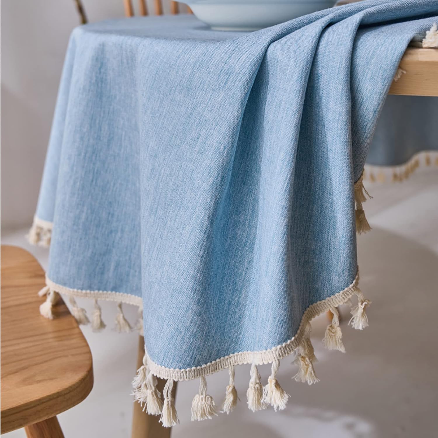 Mantel redondo con textura de lino con ribete de encaje, impermeable, a prueba de derrames, para decoración de mesa de cocina, comedor, azul claro,