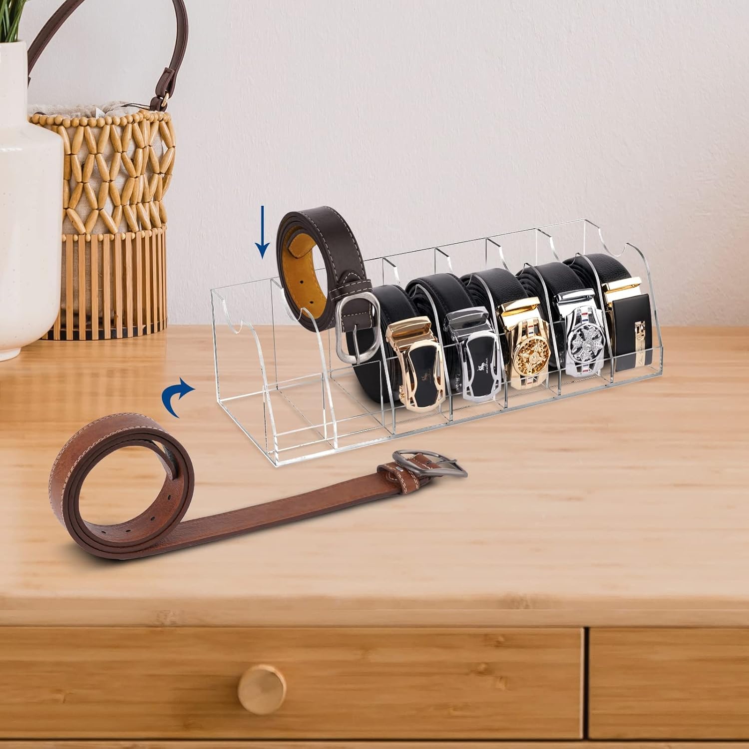 Organizador de almacenamiento de cinturón de acrílico, 7 compartimentos, caja transparente universal, ideal para el hogar, armario y tienda de ropa