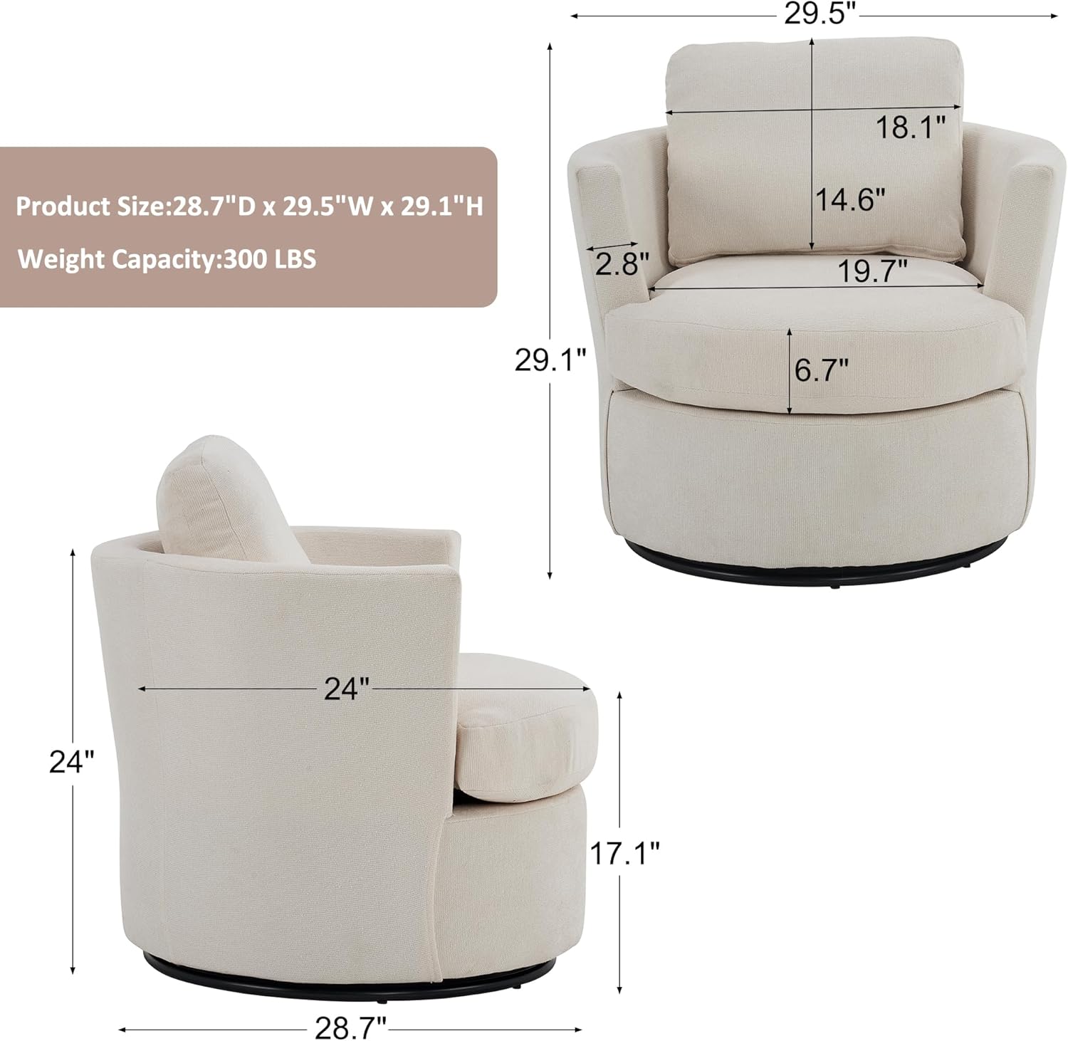 Suheww Silla decorativa giratoria, silla redonda de barril giratorio de 360 con almohadas para sala de estar, dormitorio, cómodo respaldo
