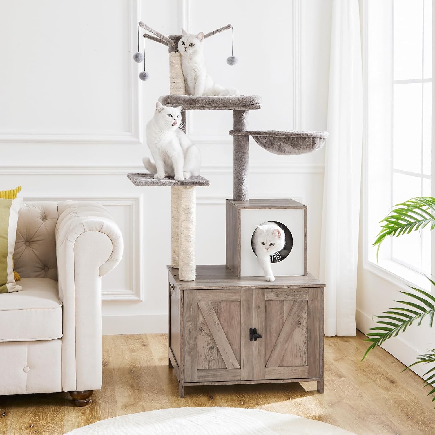 HOOBRO Torre de árbol para gatos con caja de arena para gatos de interior, condominio de madera para gatos con postes rascadores, caja de arena para