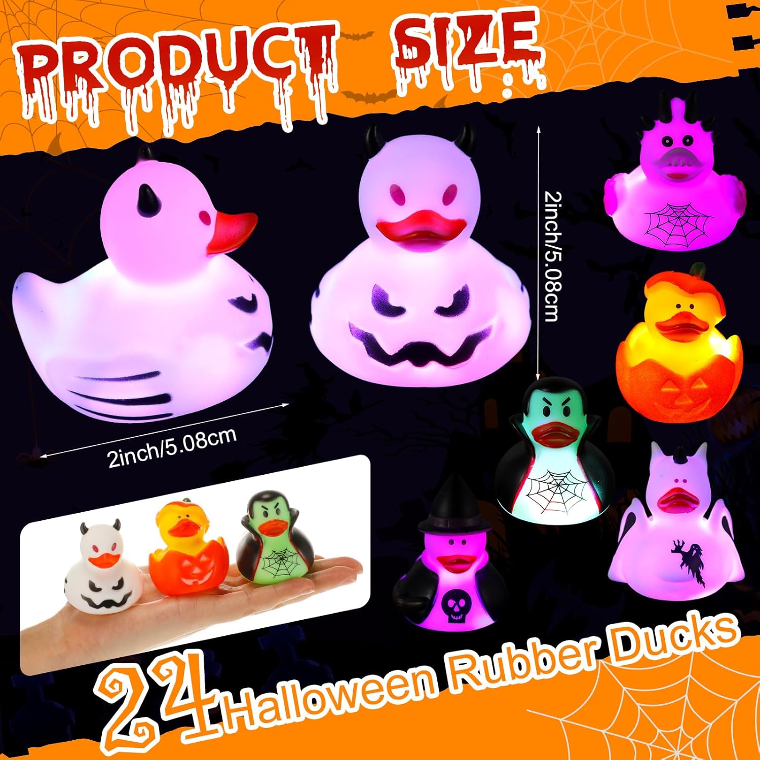 Patos de goma de Halloween de 2 pulgadas, patos de goma que brillan en la oscuridad, juguetes de baño, regalos temáticos de Halloween, surtido de
