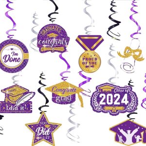 Decoraciones de graduación morado, negro y dorado 2024morado dorado, decoraciones de fiesta de graduación NYU, 15 espirales colgantes de clase de Decoraciones de graduación morado, negro y dorado 2024morado dorado, decoraciones de fiesta de graduación NYU, 15 espirales colgantes de clase de