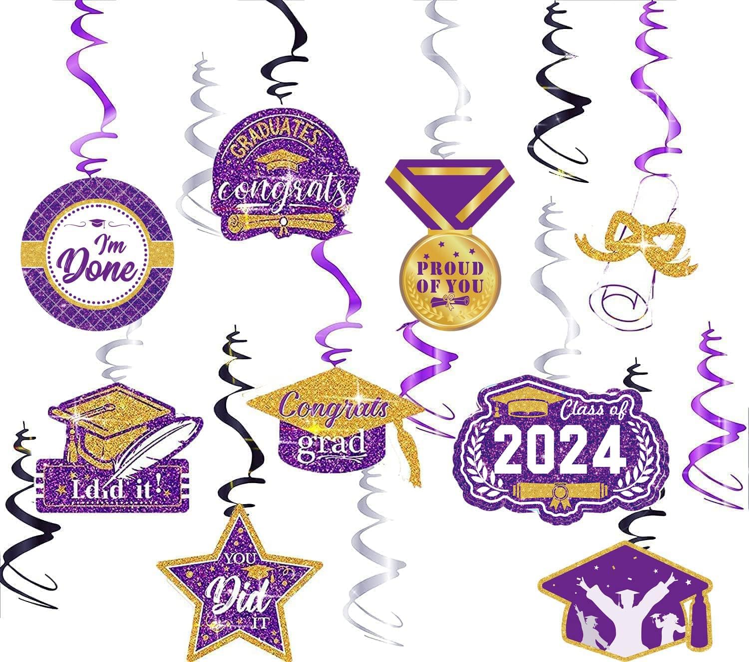 Decoraciones de graduación morado, negro y dorado 2024morado dorado, decoraciones de fiesta de graduación NYU, 15 espirales colgantes de clase de