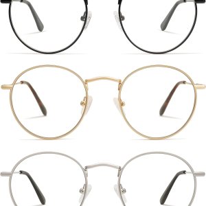 Paquete de 3 lentes de lectura redondos retro para hombres y mujeres, a la moda, bloqueo de luz azul, para lectura frente a la computadora, marco de Paquete de 3 lentes de lectura redondos retro para hombres y mujeres, a la moda, bloqueo de luz azul, para lectura frente a la computadora, marco de
