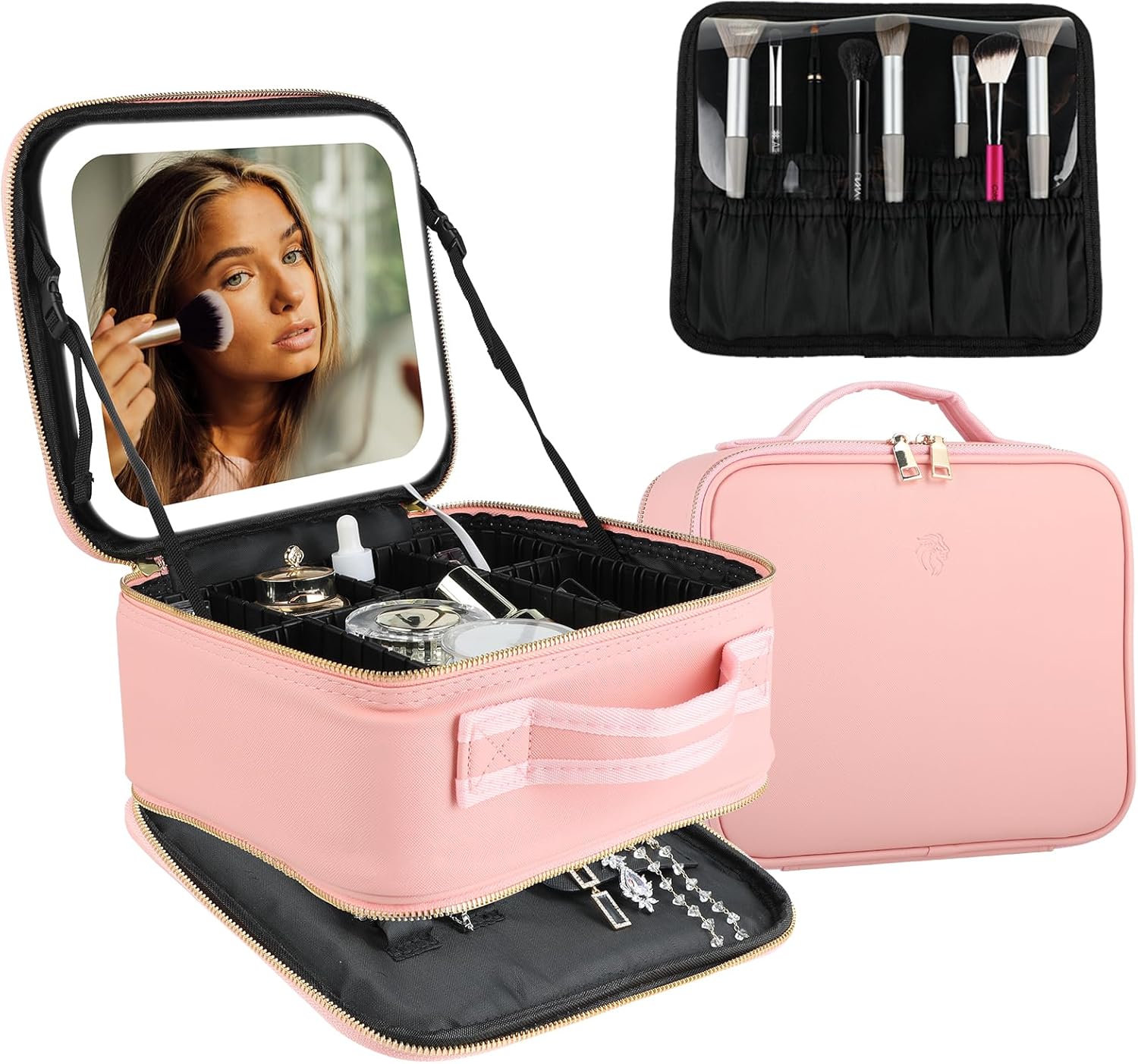 Bolsa de maquillaje con espejo LED y soporte para joyas, estuche de maquillaje de viaje con espejo iluminado, bolsa de maquillaje de viaje con